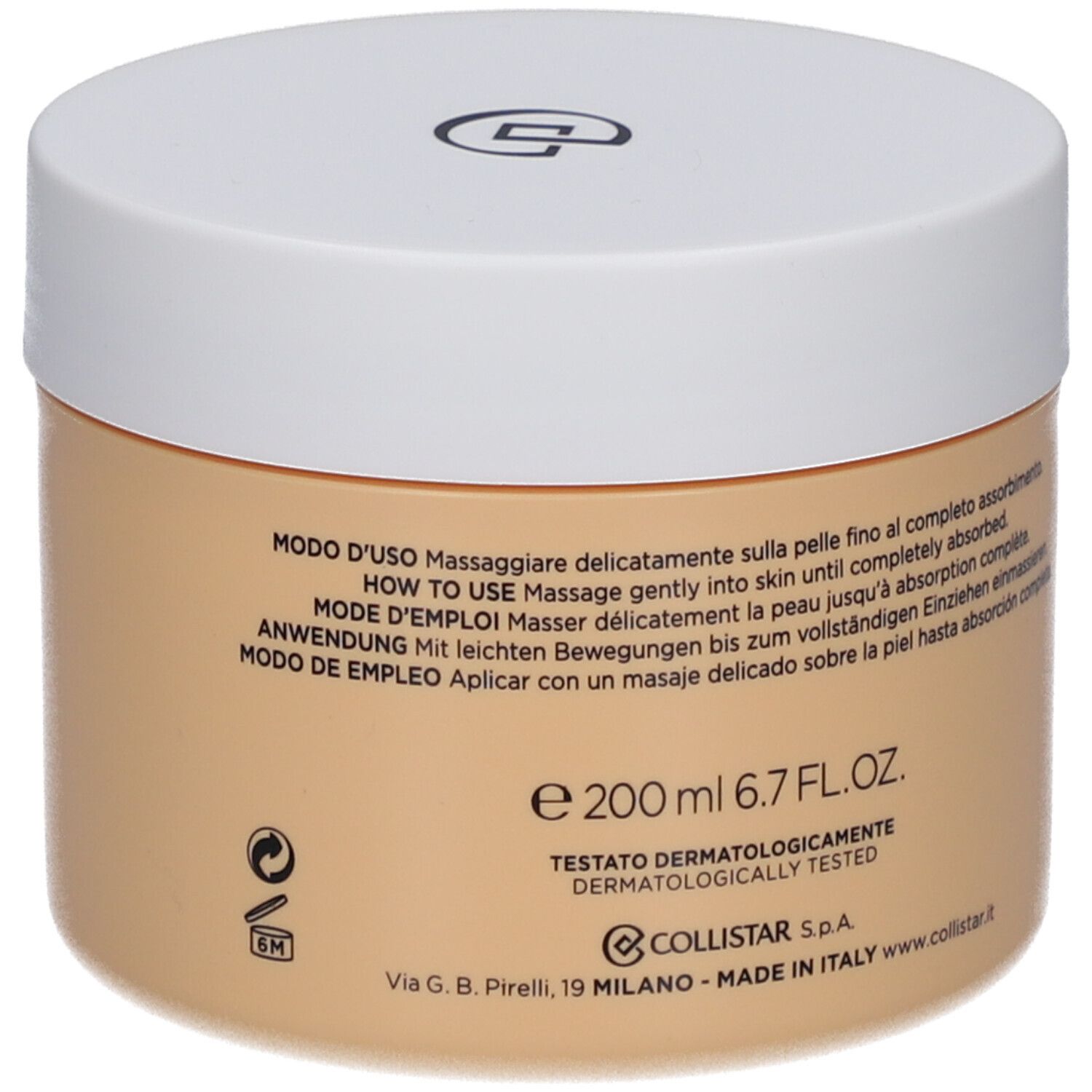 Pot de crème beige avec couvercle blanc. Inscription: Collistar, Benessere, Neroli e Elicriso, Crème Douce Corps.