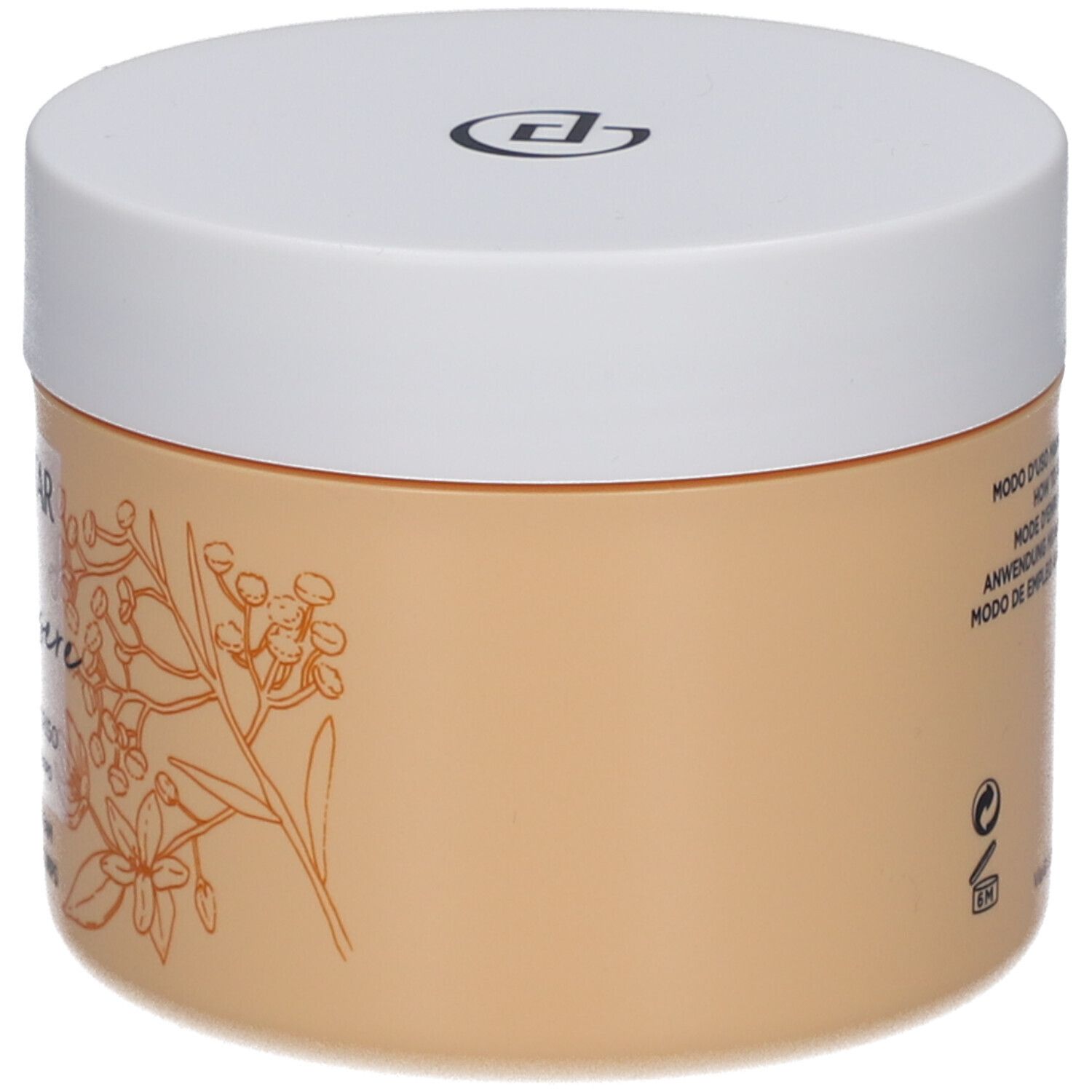 Pot de crème beige avec couvercle blanc. Inscription: Collistar, Benessere, Neroli e Elicriso, Crème Douce Corps.