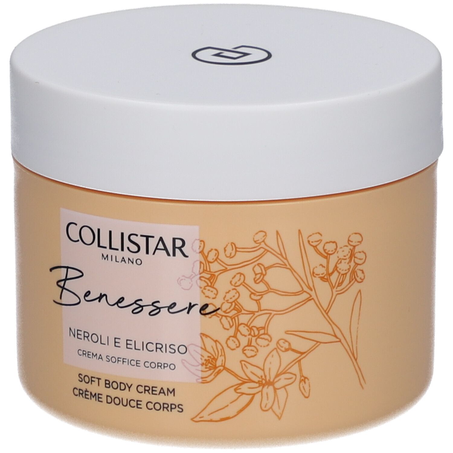 Pot de crème beige avec couvercle blanc. Inscription: Collistar, Benessere, Neroli e Elicriso, Crème Douce Corps.