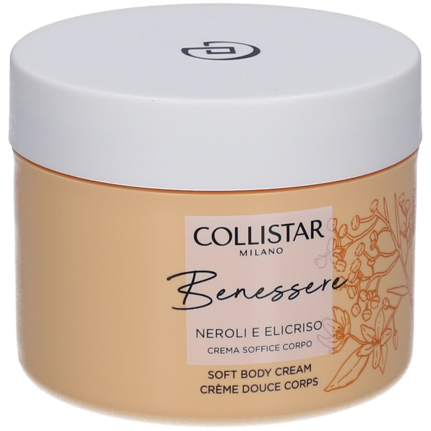 Pot de crème beige avec couvercle blanc. Inscription: Collistar, Benessere, Neroli e Elicriso, Crème Douce Corps.