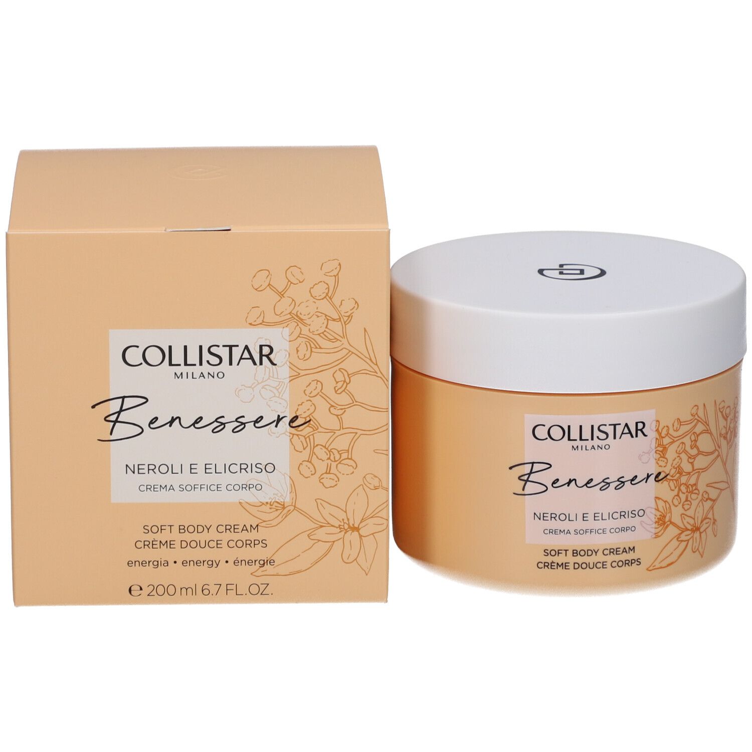Pot de crème et carton. Inscription: Collistar, Benessere, Neroli e Elicriso, Crème Douce Corps. 200 ml.