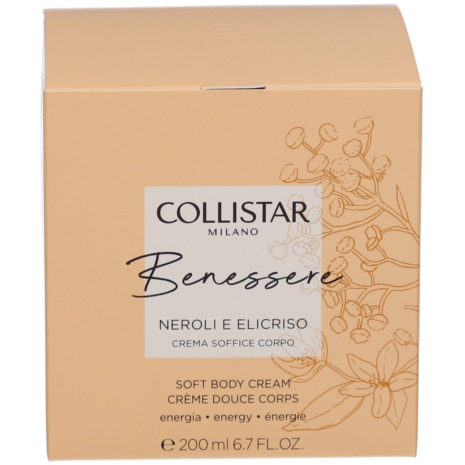 Boîte avec inscription: Collistar, Benessere, Neroli e Elicriso, Crème Douce Corps. 200 ml.