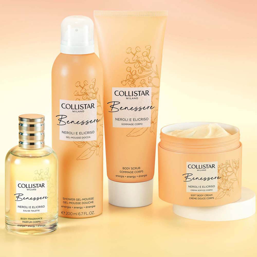 Divers produits Collistar: crème, mousse douche, gommage corps, parfum. Inscription: Benessere, Neroli e Elicriso.