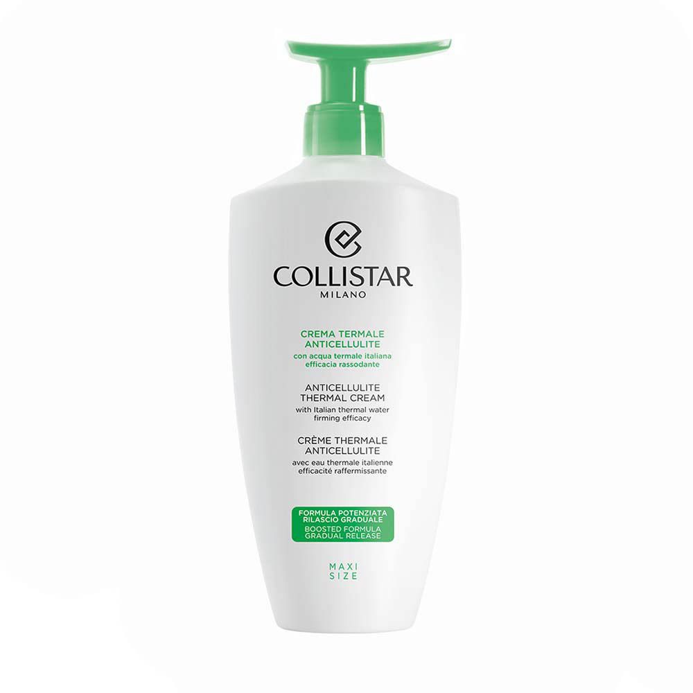 Flacon blanc avec pompe verte. Texte: Collistar Milano, Crème Thermale Anticellulite.
