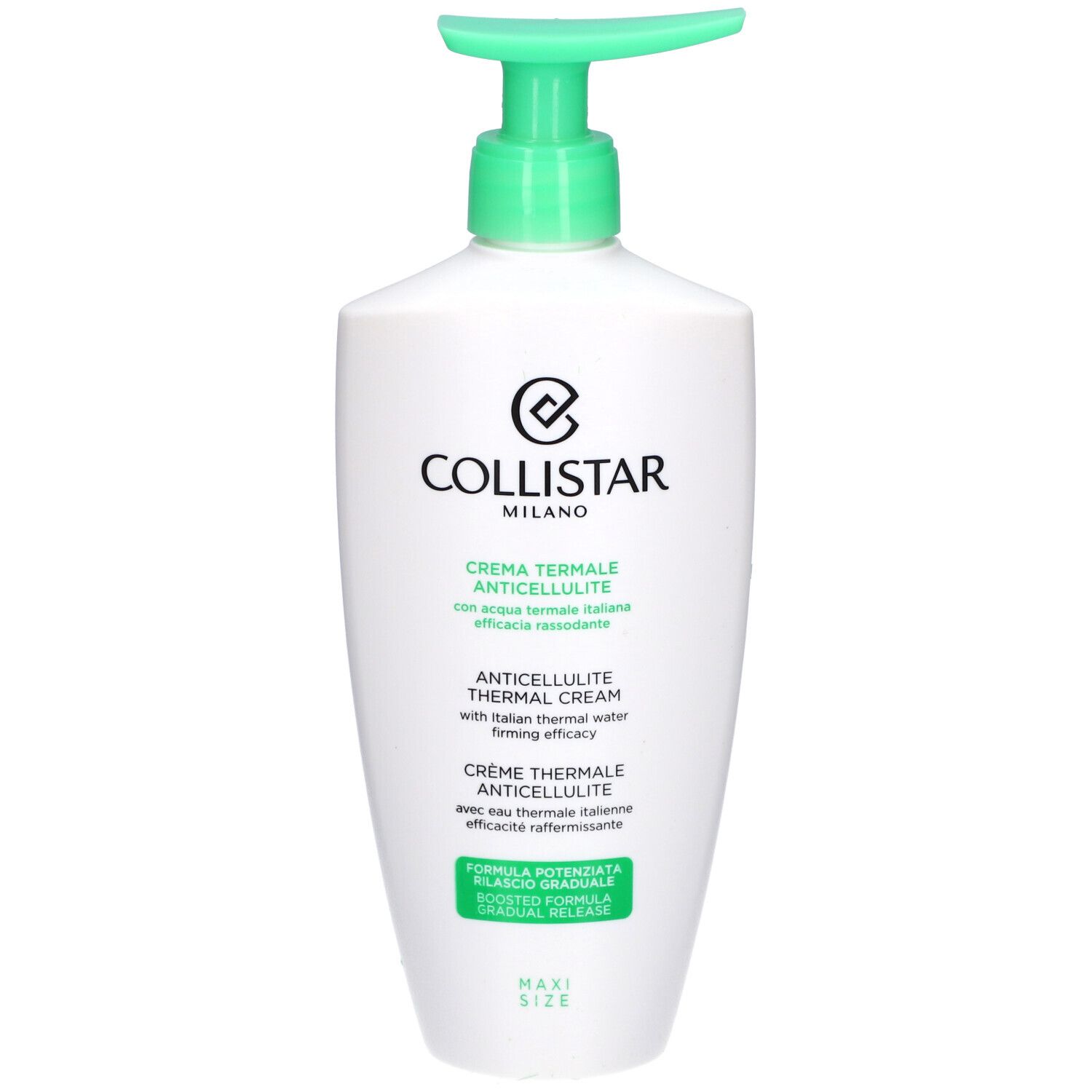 Flacon blanc avec pompe verte. Texte: Collistar Milano, Crème Thermale Anticellulite.