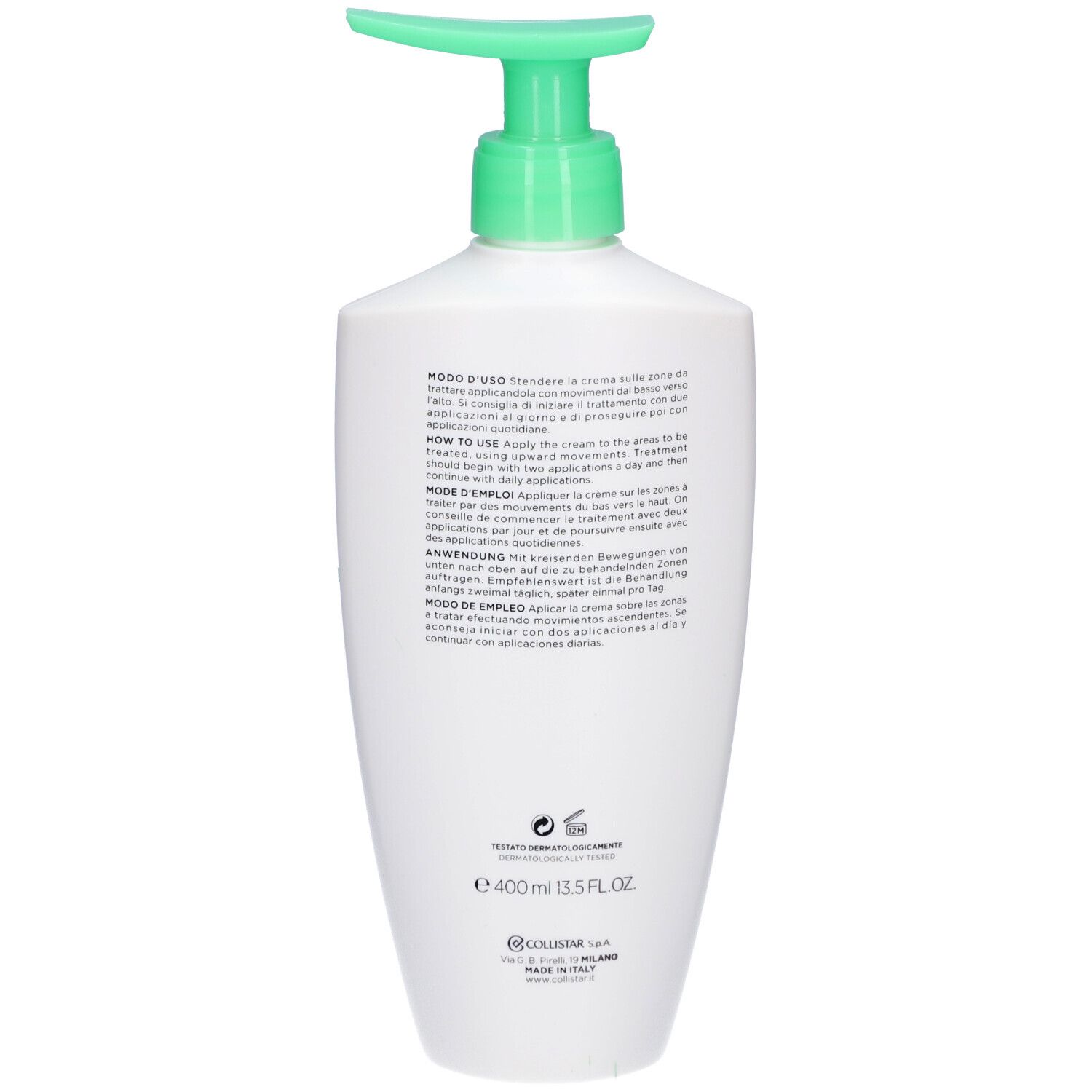 Dos du flacon blanc avec pompe verte. Texte: Mode d'emploi, 400 ml.
