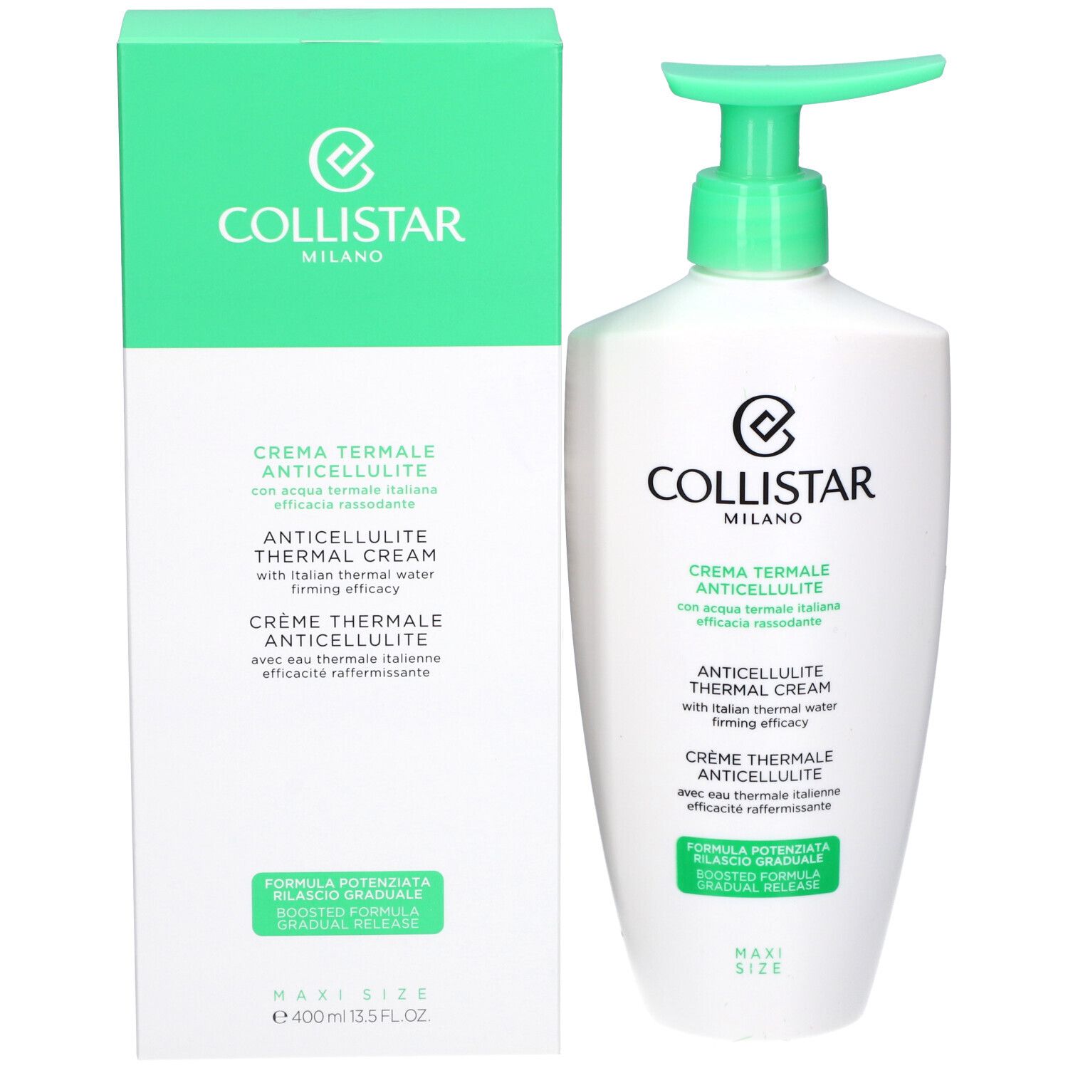 Emballage et flacon. Texte: Collistar Milano, Crème Thermale Anticellulite, 400 ml.
