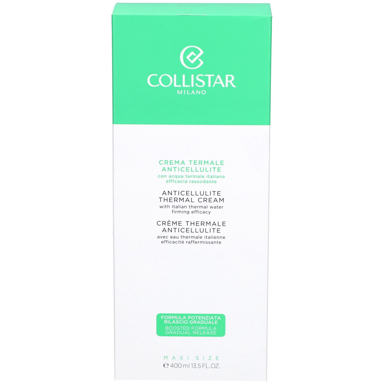 Emballage du produit. Texte: Collistar Milano, Crème Thermale Anticellulite, 400 ml.