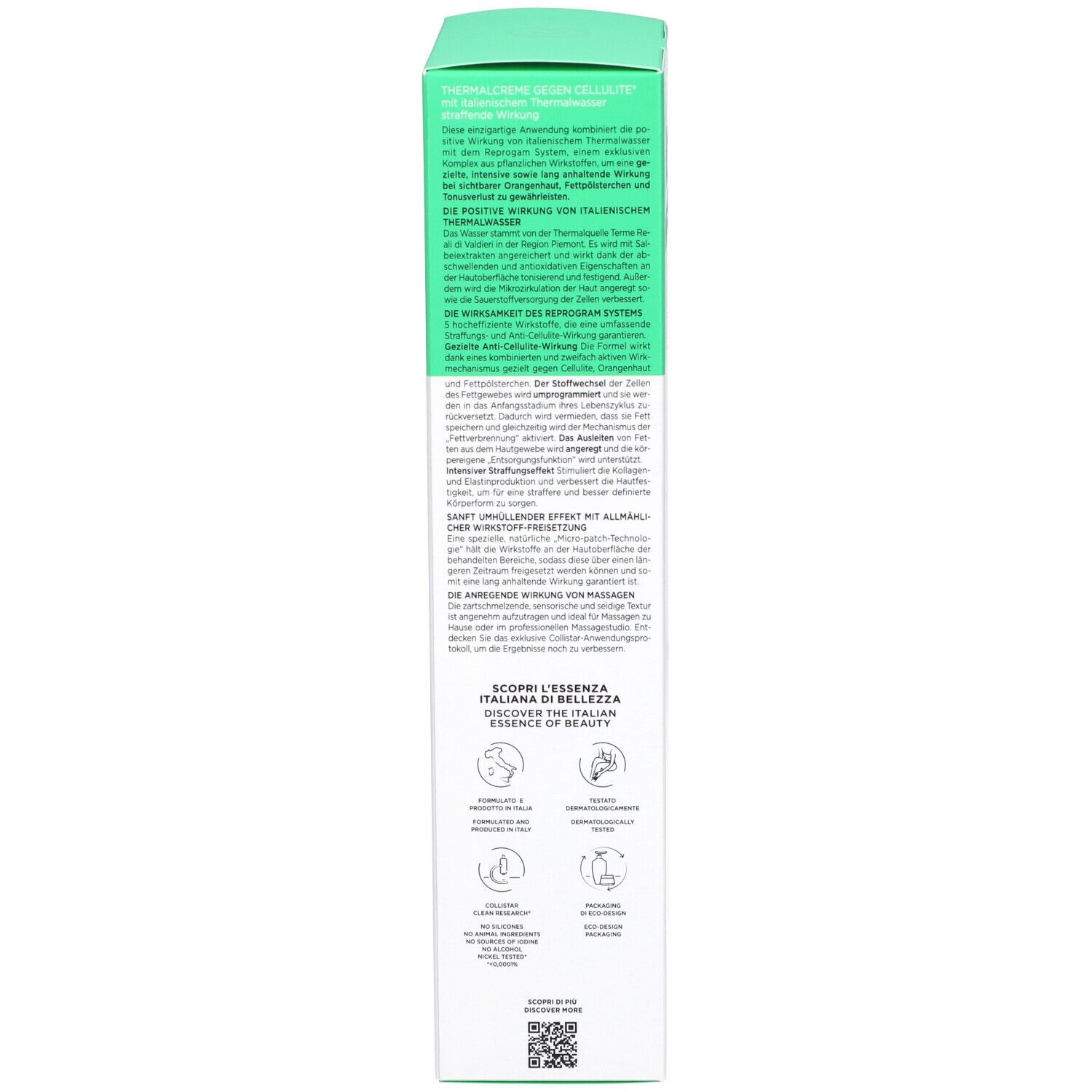 Emballage du produit, détail. Texte: Collistar Milano, Crème Thermale Anticellulite, ingrédients.