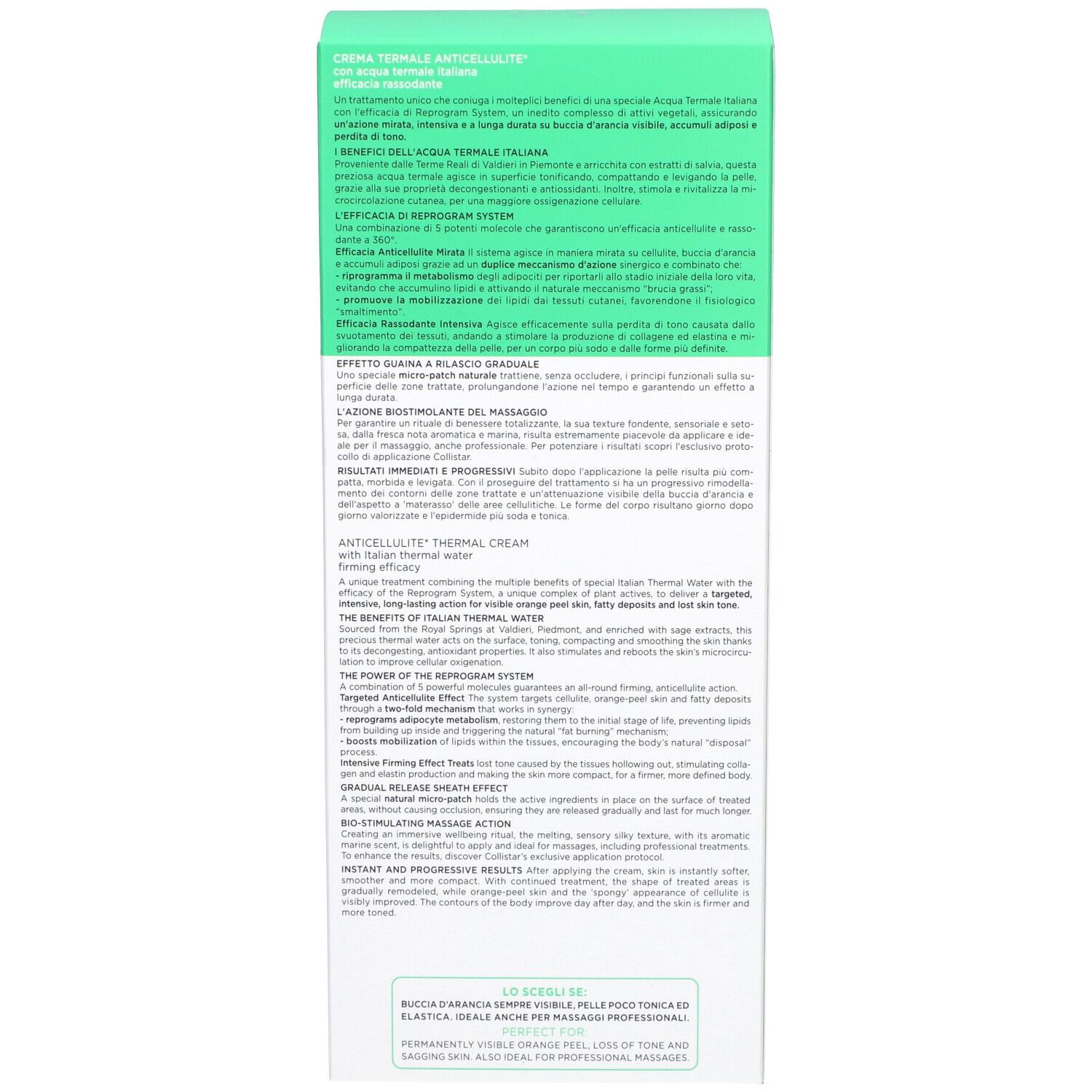 Emballage du produit, détail. Texte: Collistar Milano, Crème Thermale Anticellulite, application.