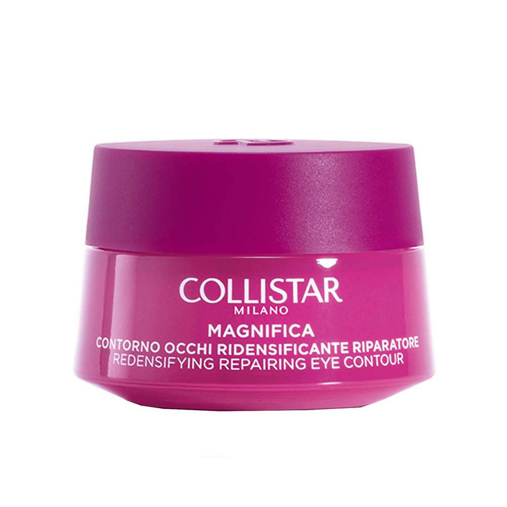 Pot rose avec couvercle. Inscription : Collistar, Magnifica, Contorno Occhi, Redensifying Repairing Eye Contour.