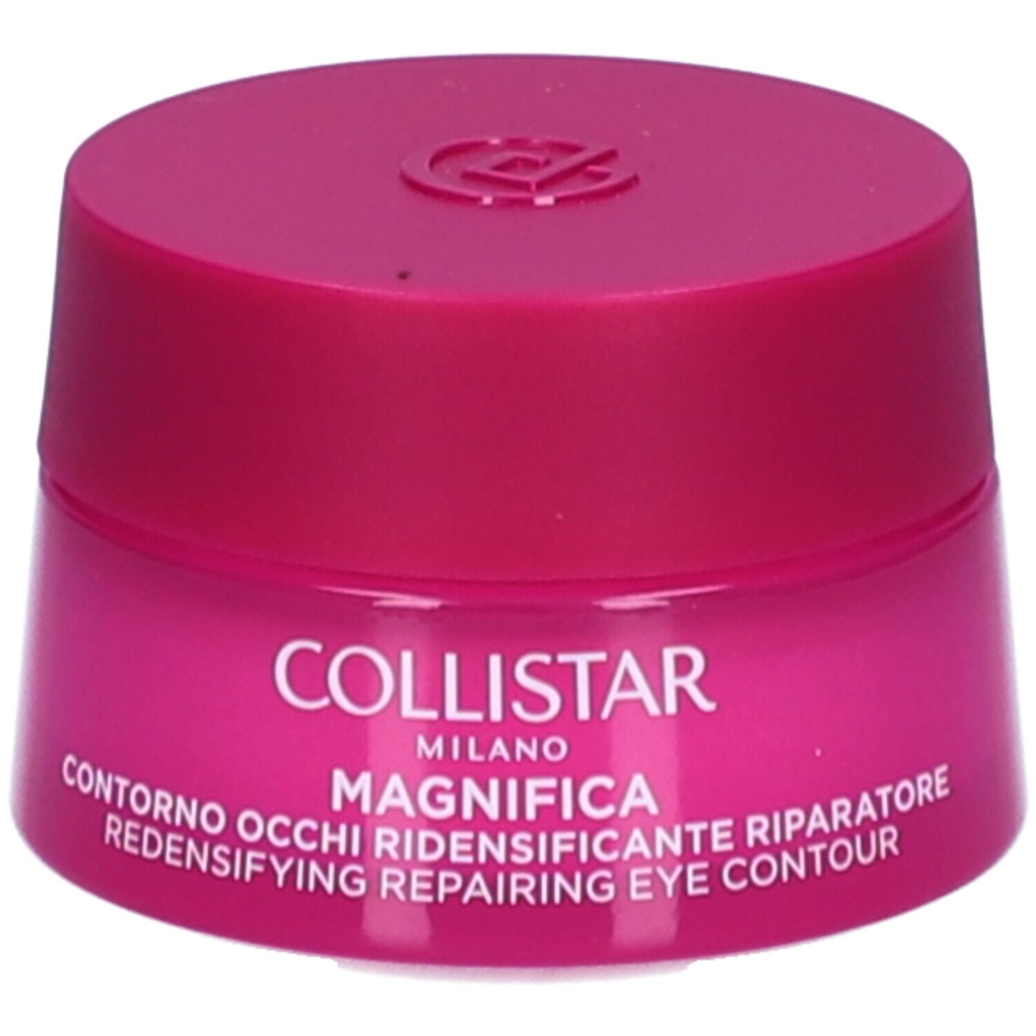 Pot rose avec couvercle. Inscription : Collistar, Magnifica, Contorno Occhi, Redensifying Repairing Eye Contour.