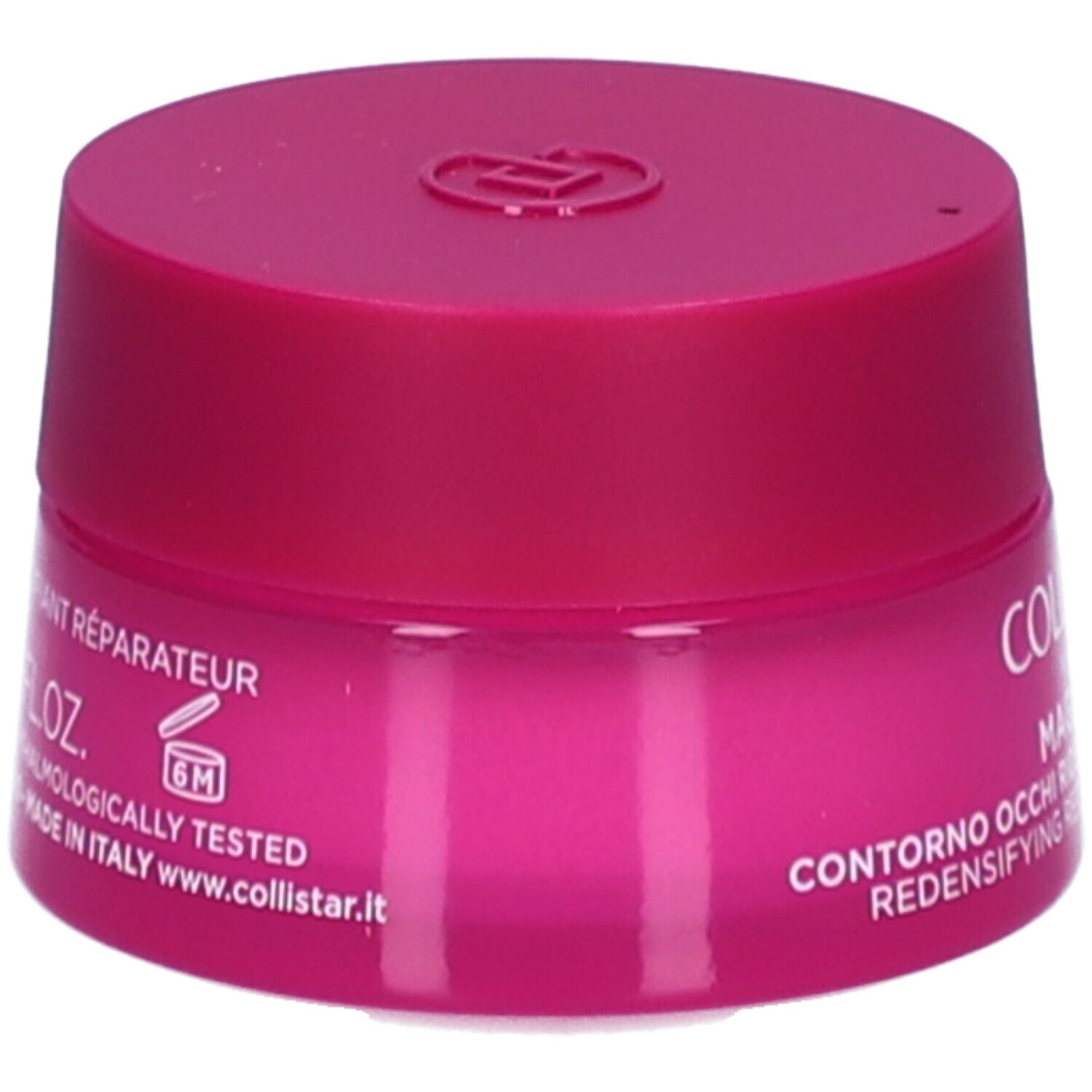 Pot rose avec couvercle. Inscription : Contorno Occhi, Redensifying Repairing Eye Contour. Symbole 6M.