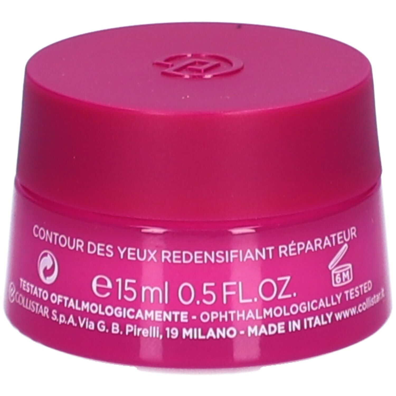Pot rose avec couvercle. Inscription : Contour des yeux redensifiant réparateur. 15 ml 0,5 FL.OZ. Symbole 6M.
