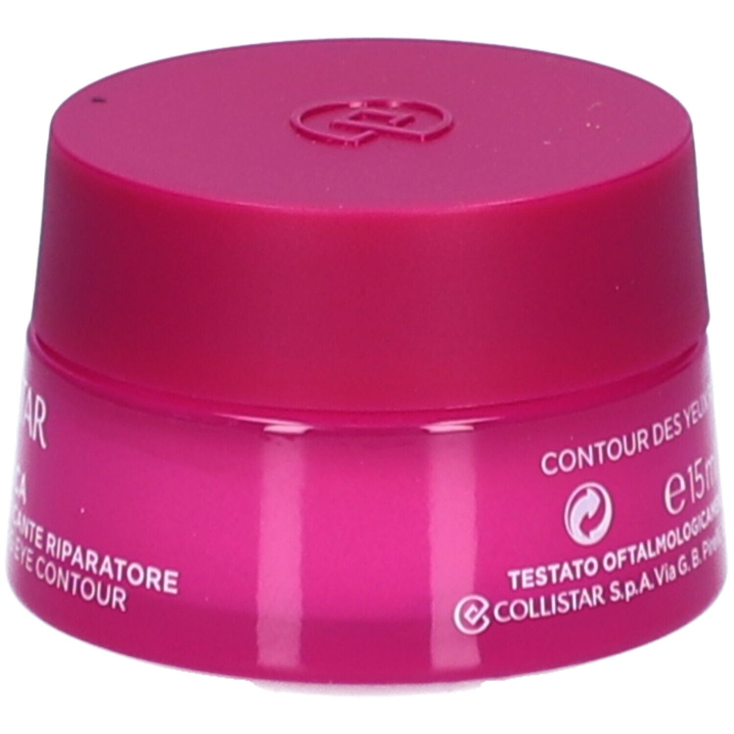 Pot rose avec couvercle. Inscription : Contour des yeux. 15 ml. Testato Oftalmologicamente. Collistar.