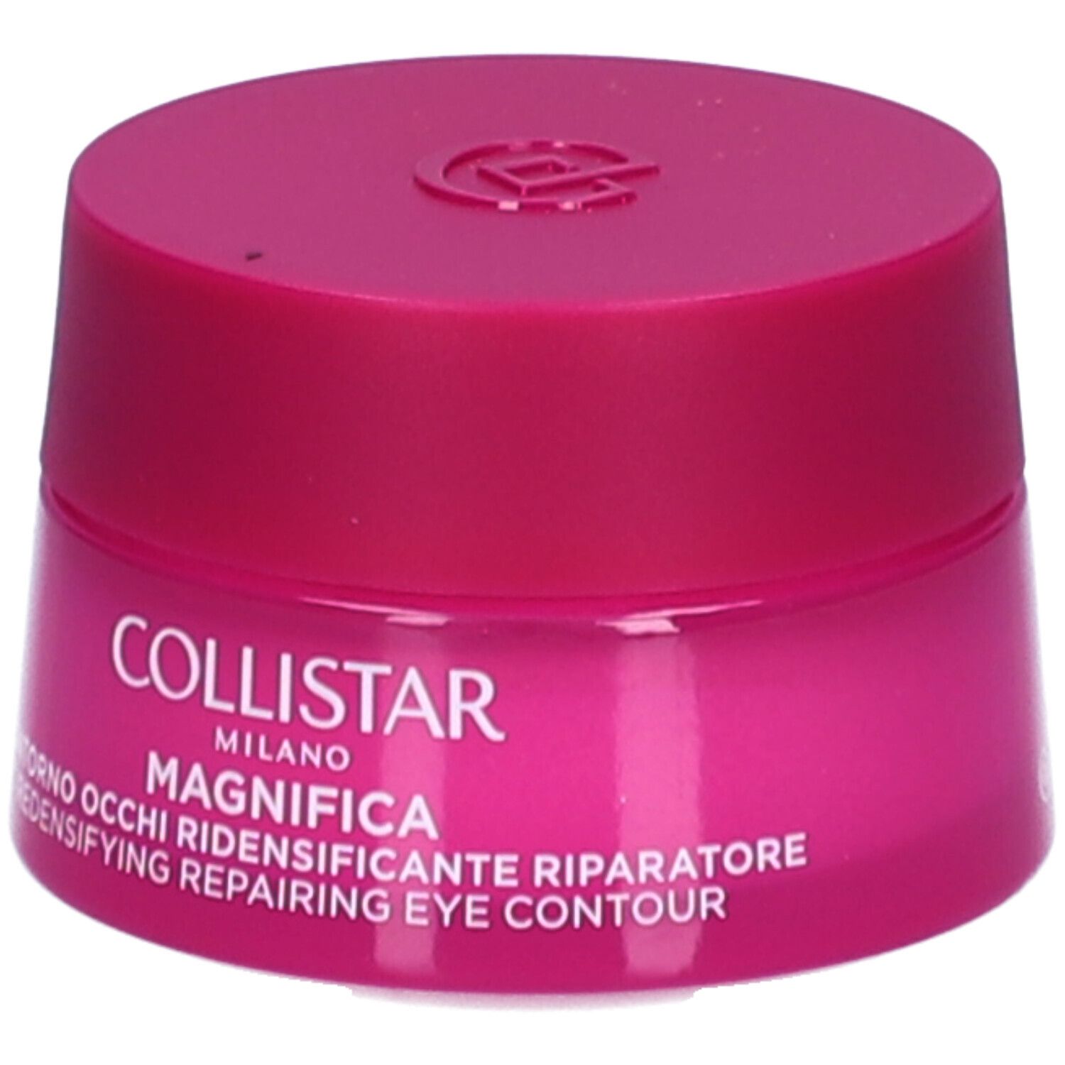 Pot rose avec couvercle. Inscription : Collistar, Magnifica, Contorno Occhi, Redensifying Repairing Eye Contour.