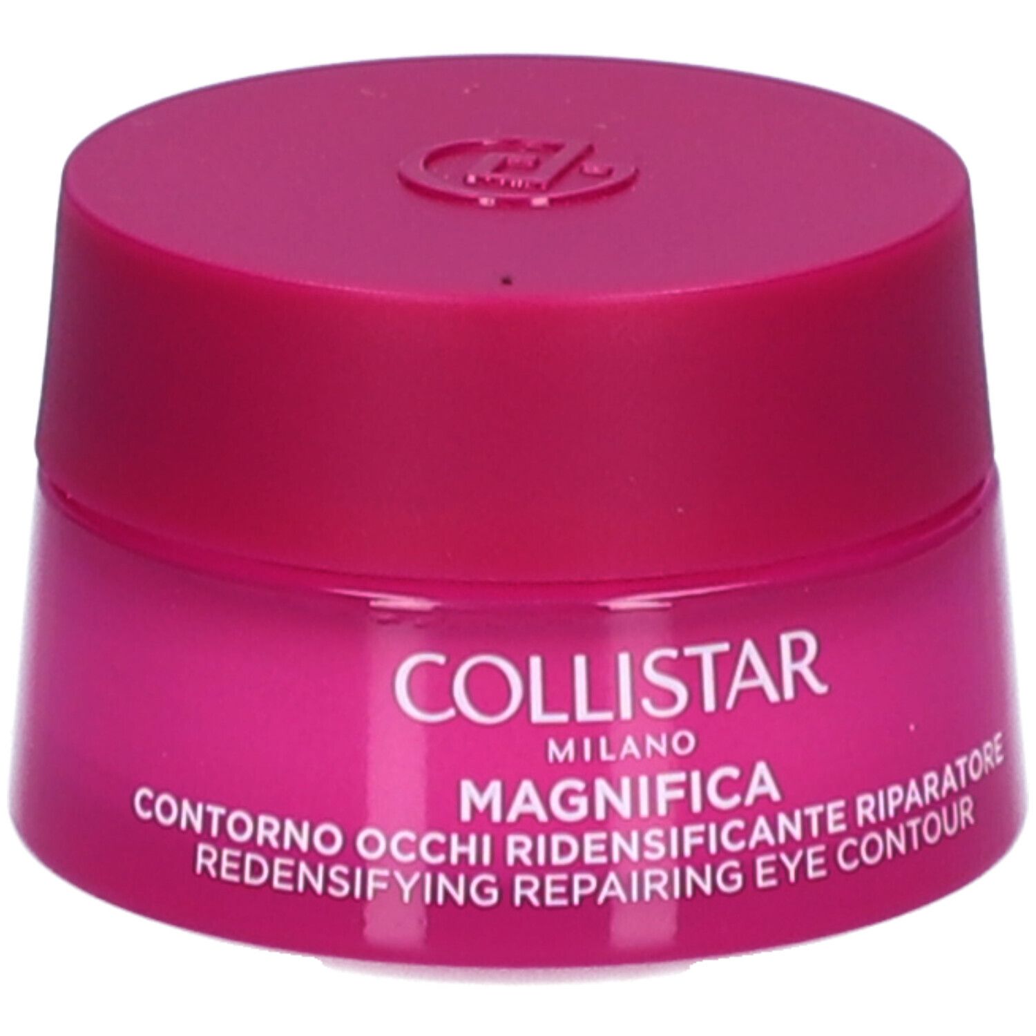 Pot rose avec couvercle. Inscription : Collistar, Magnifica, Contorno Occhi, Redensifying Repairing Eye Contour.