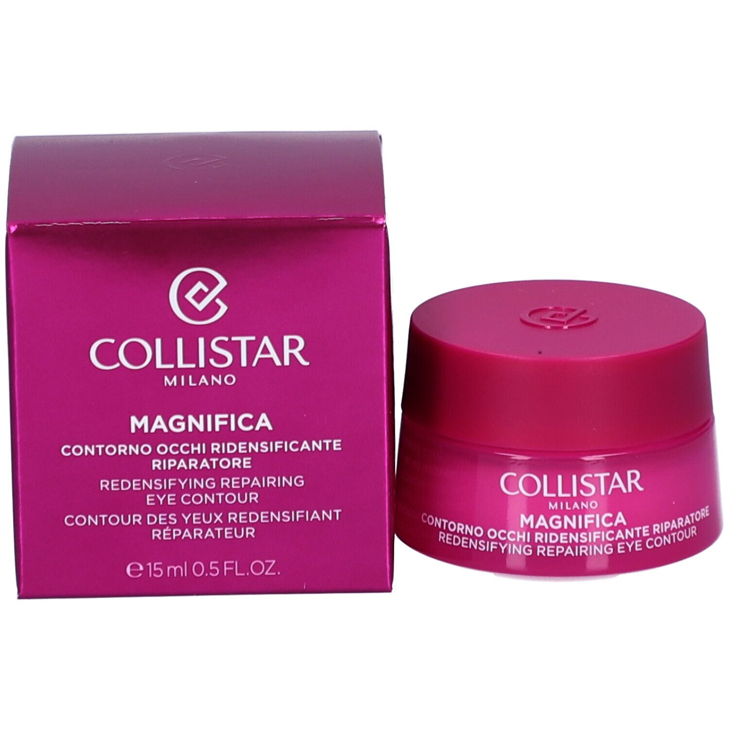 Boîte et pot roses. Inscription : Collistar, Magnifica, Contorno Occhi, Redensifying Repairing Eye Contour. 15 ml.