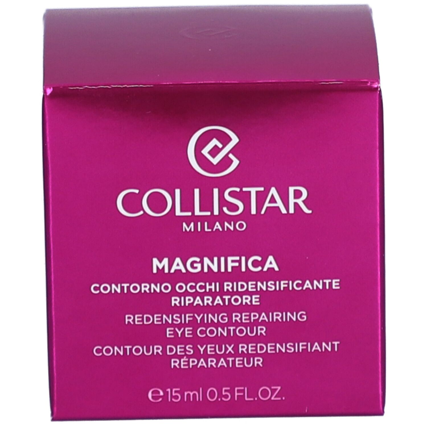 Boîte rose. Inscription : Collistar, Magnifica, Contorno Occhi, Redensifying Repairing Eye Contour. 15 ml.