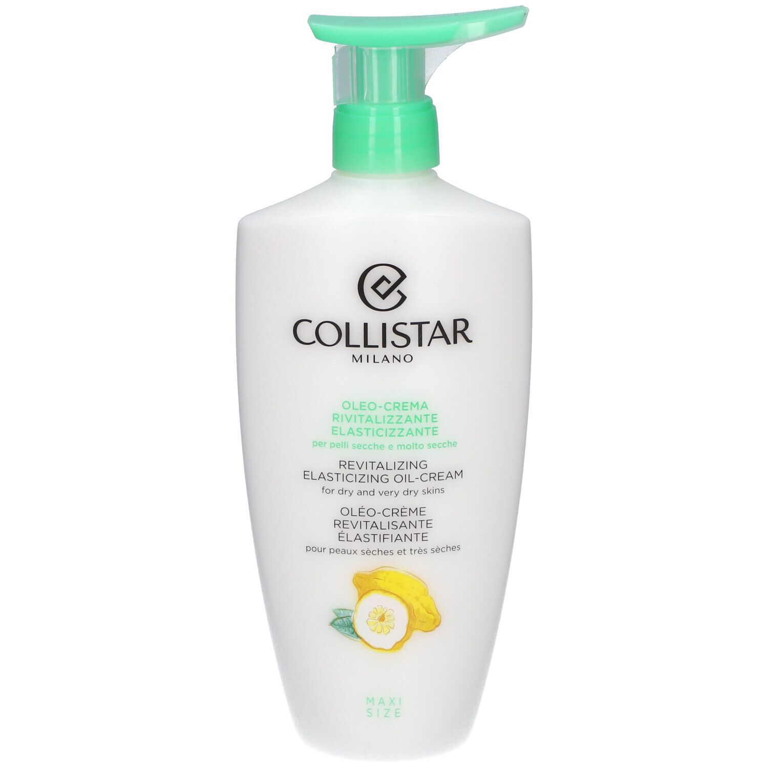 Flacon blanc avec pompe verte. Texte: Collistar Milano, Oléo-Crème Revitalisante Élastifiante. Pour peaux sèches.