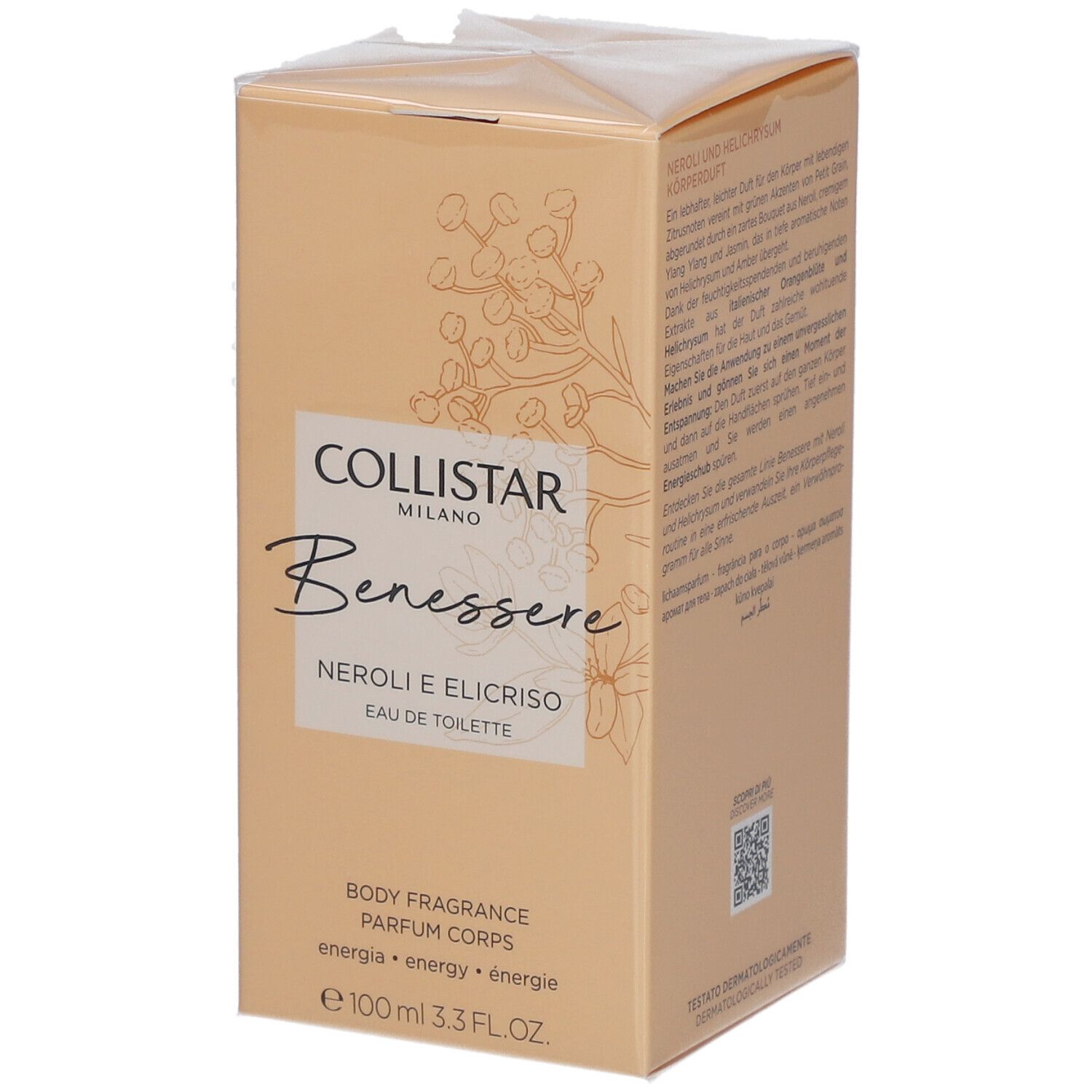 Beige Kartonverpackung. Aufschrift: Collistar Milano, Benessere, Neroli e Elicriso, Eau de Toilette. 100 ml.