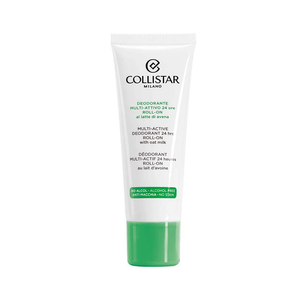 Tube blanc et vert. Texte: Collistar, Déodorant Multi-actif 24 heures Roll-on. Sans alcool, sans taches.