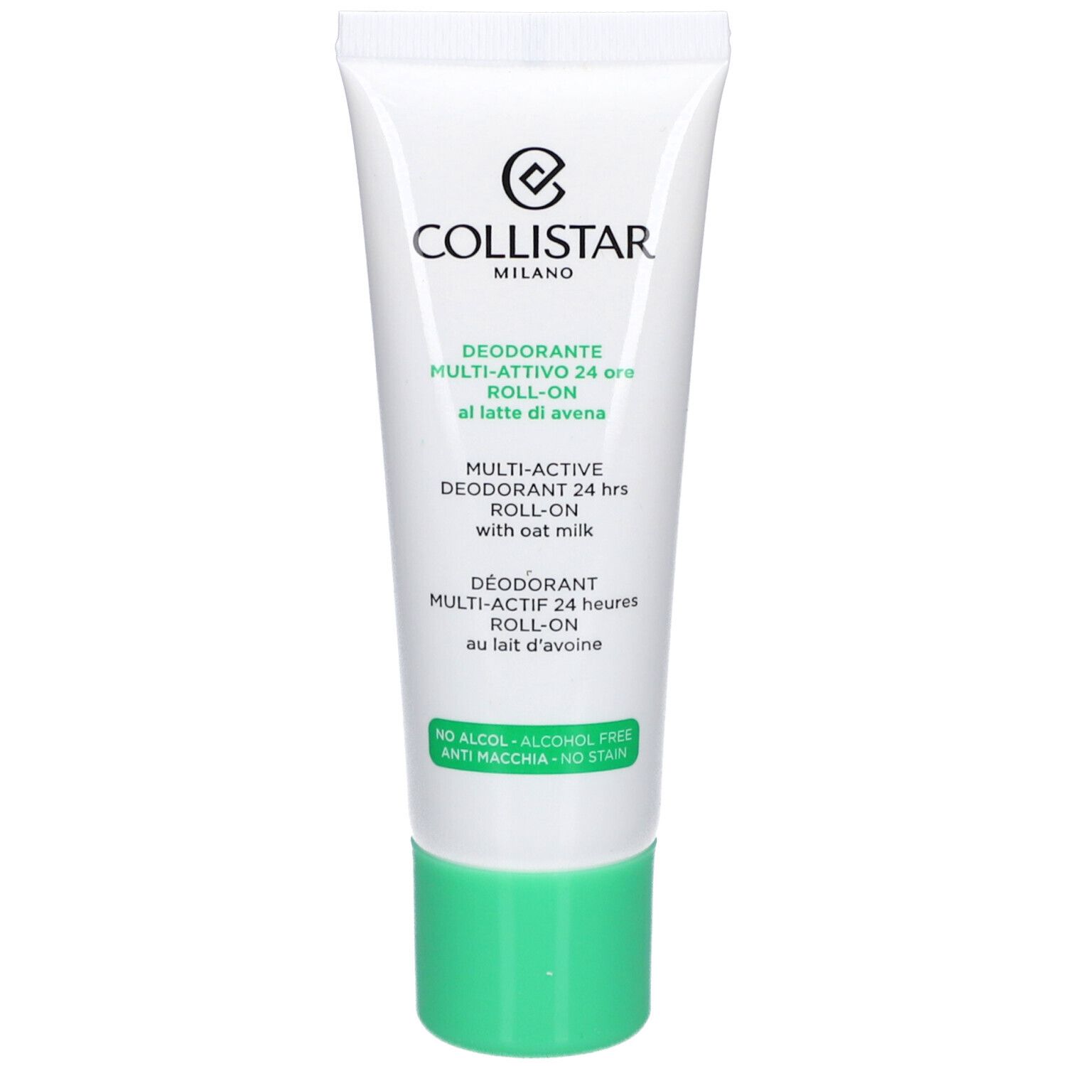 Tube blanc et vert. Texte: Collistar, Déodorant Multi-actif 24 heures Roll-on. Sans alcool, sans taches.