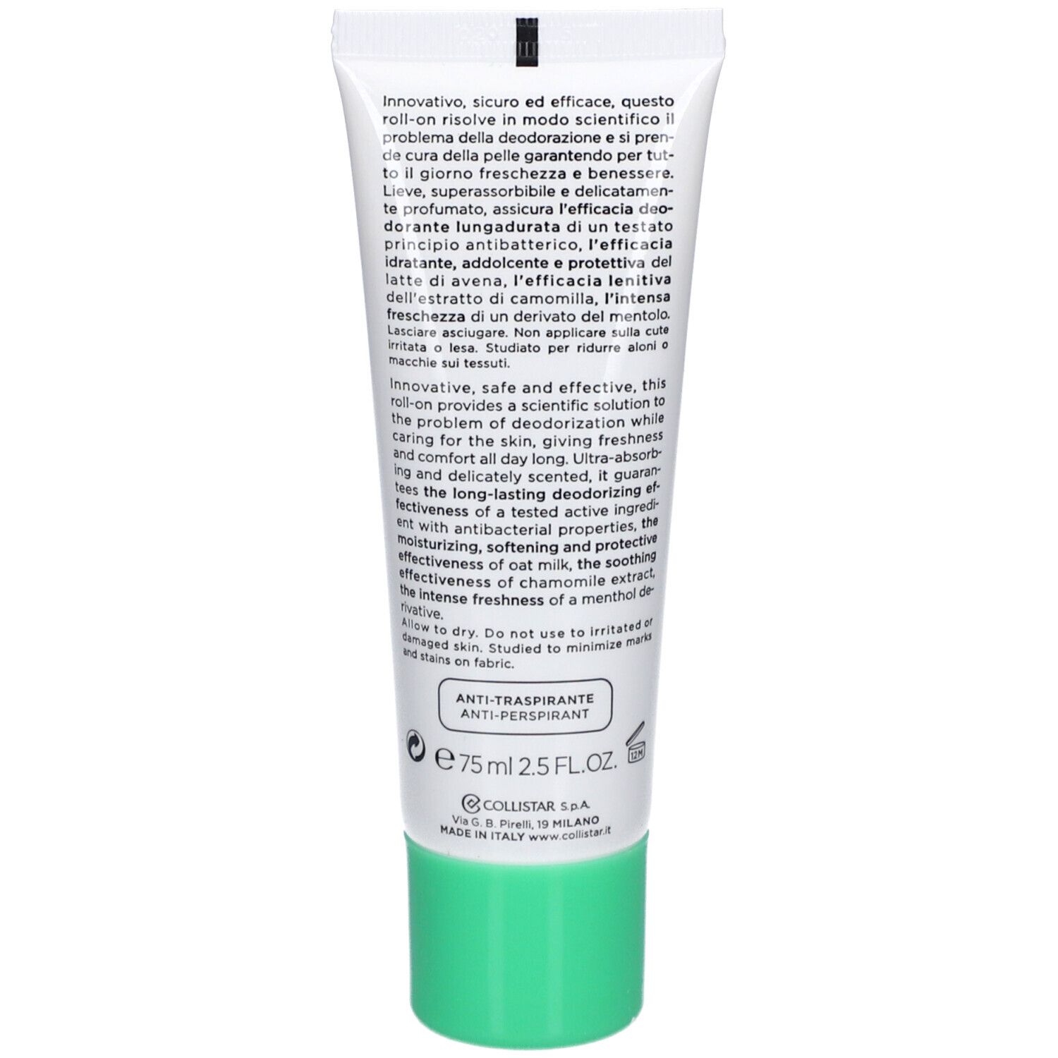 Dos du tube. Texte: Anti-transpirant, 75 ml. Ingrédients en plusieurs langues.