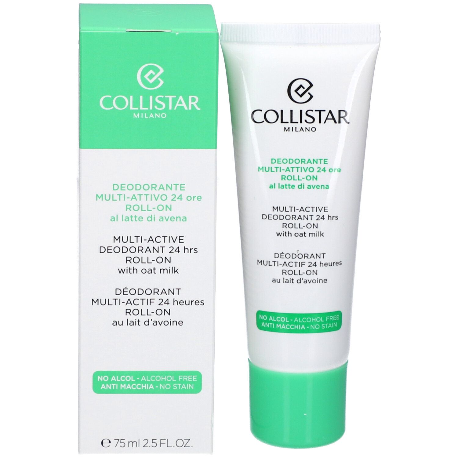 Emballage du produit. Tube et boîte. Texte: Collistar, Déodorant Multi-actif 24 heures Roll-on. Sans alcool, sans taches.