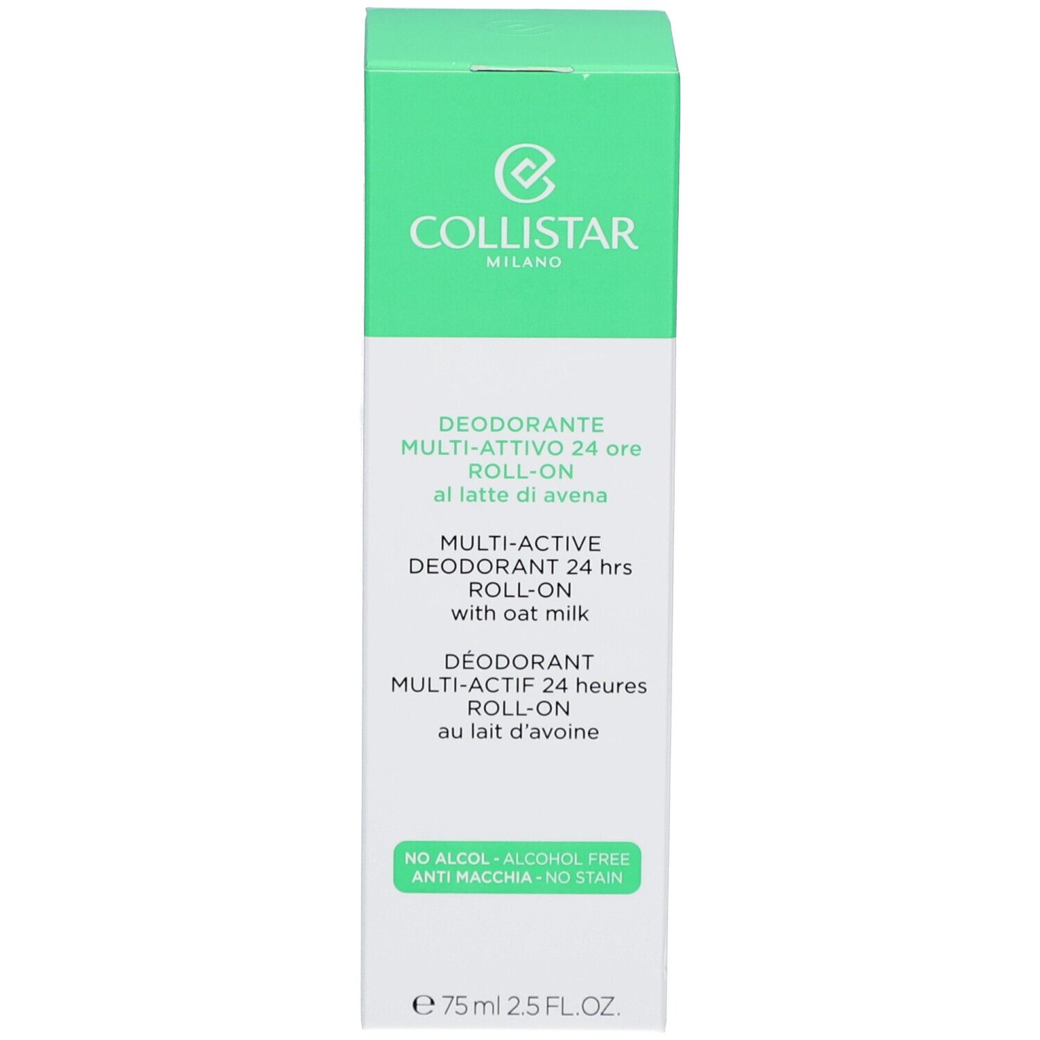 Boîte verte. Texte: Collistar, Déodorant Multi-actif 24 heures Roll-on. 75 ml.