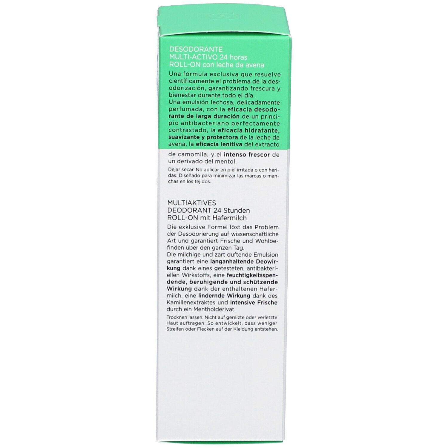 Dos de la boîte. Texte en plusieurs langues. Anti-transpirant, testé dermatologiquement.