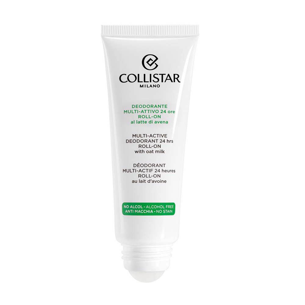 Tube blanc et vert. Texte: Collistar, Déodorant Multi-actif 24 heures Roll-on. Sans alcool, sans taches.
