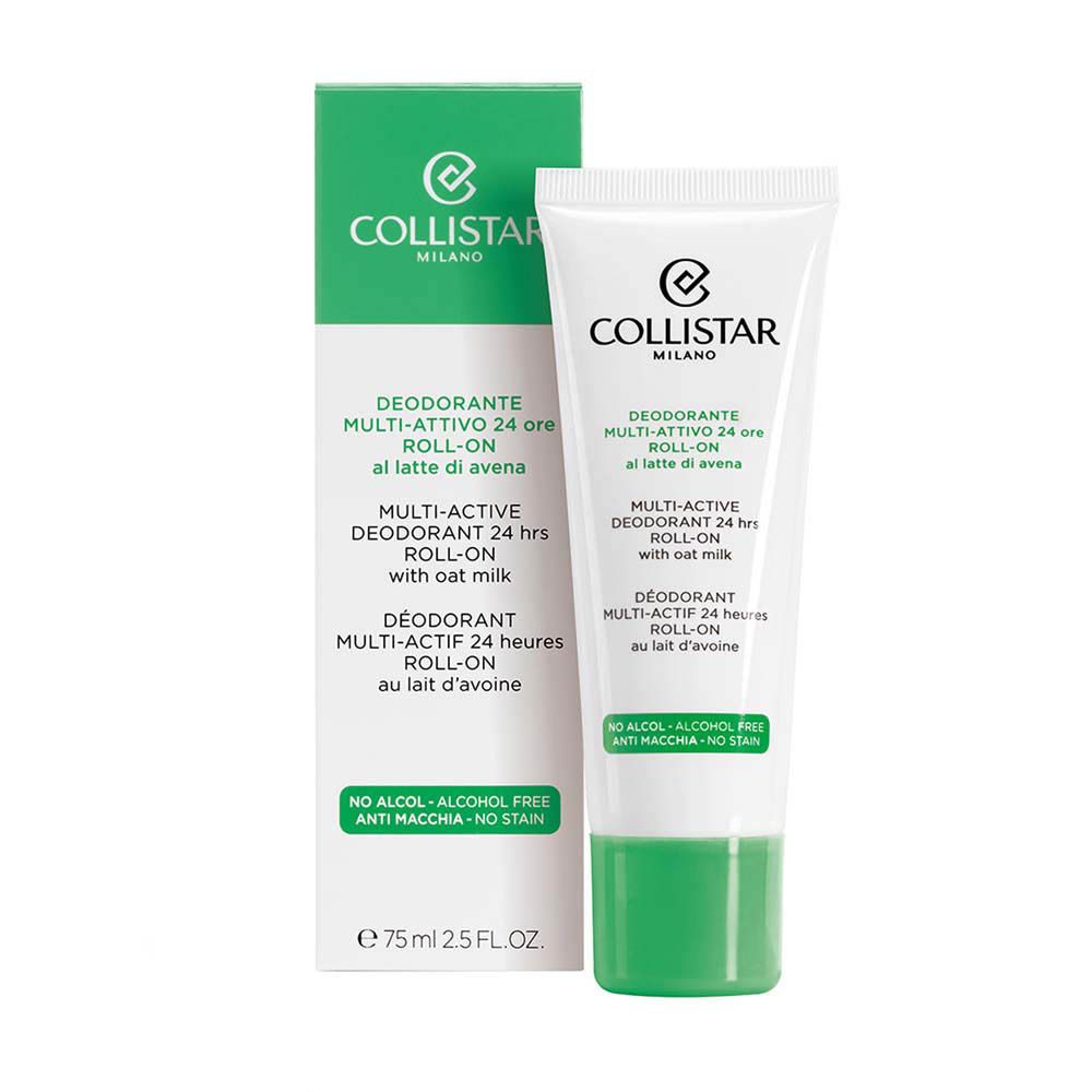 Emballage du produit. Tube et boîte. Texte: Collistar, Déodorant Multi-actif 24 heures Roll-on. Sans alcool, sans taches.