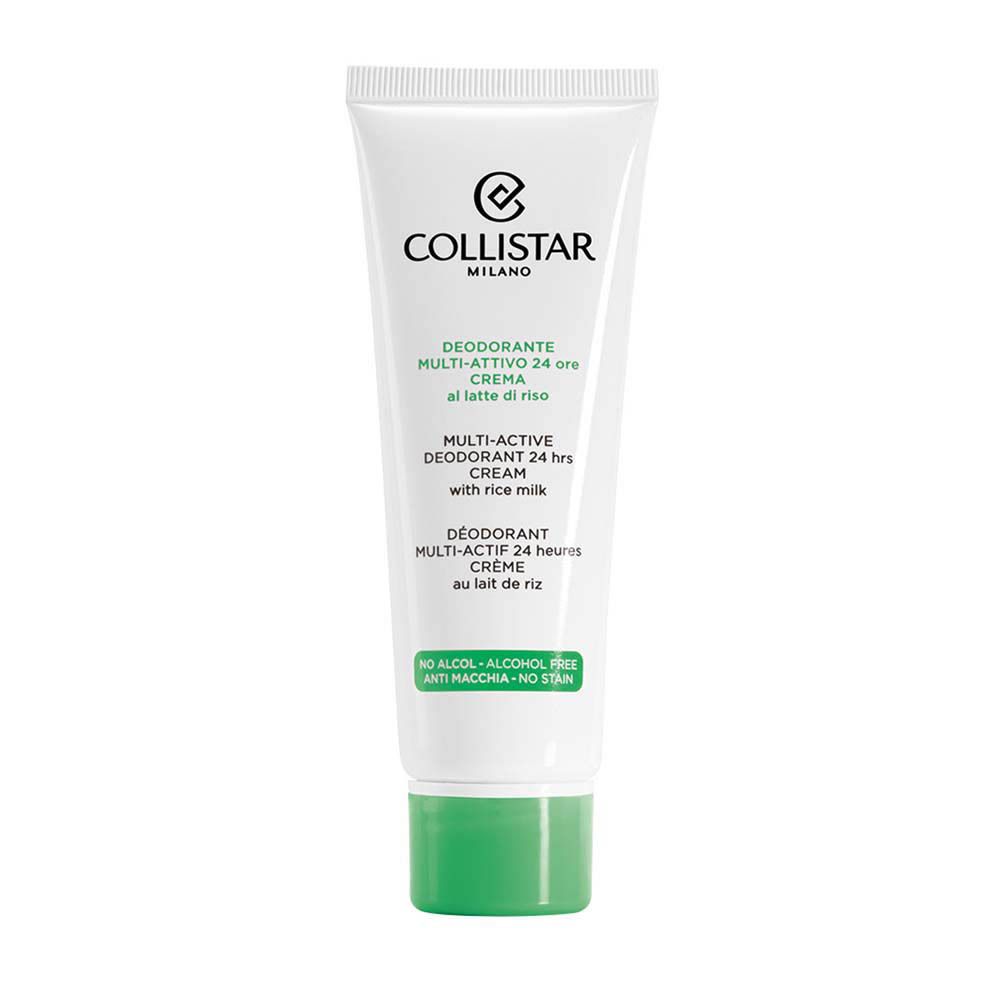 Tube de crème déodorante Collistar. Tube blanc, bouchon vert. Texte: Deodorante Multi-Attivo 24 ore Crema.