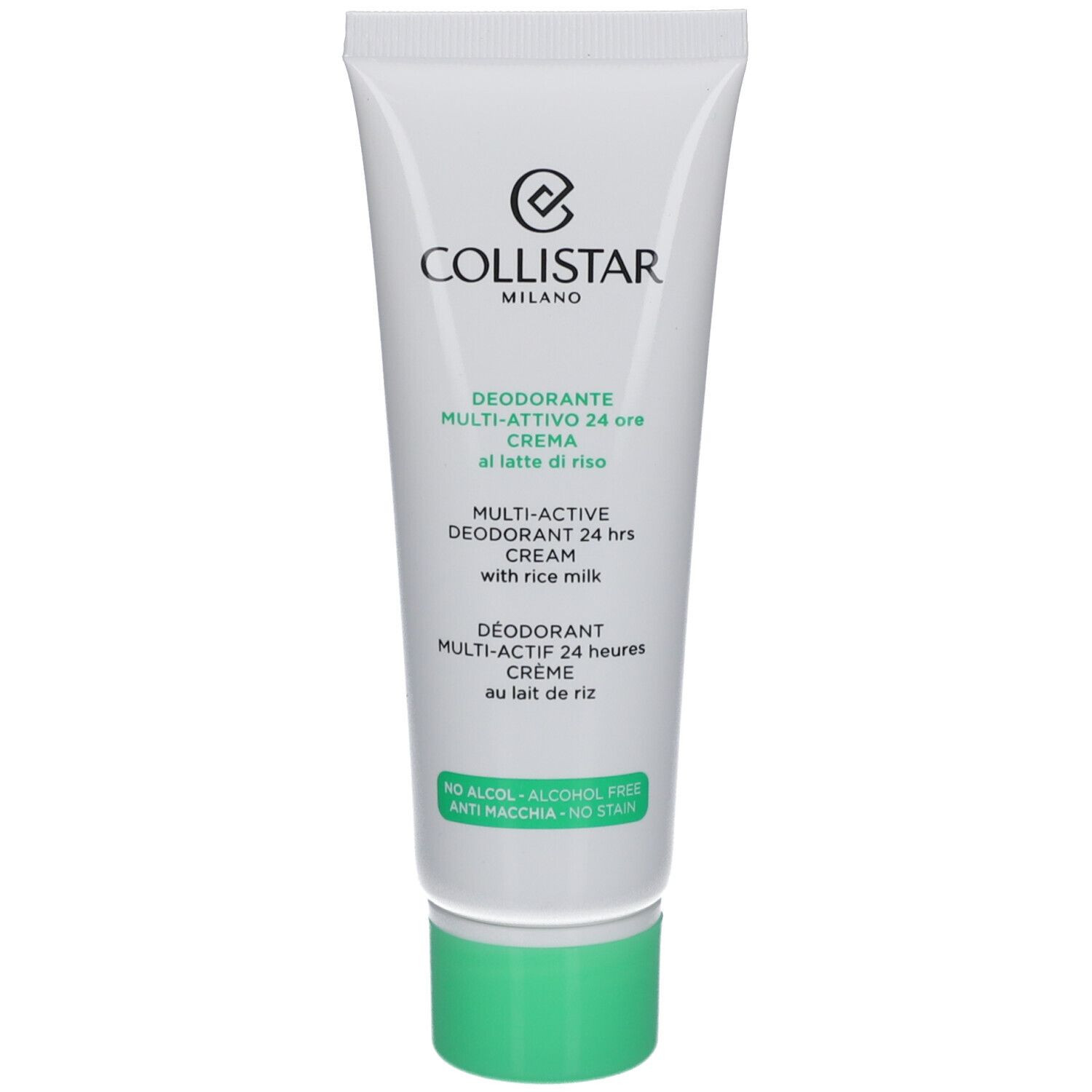 Tube de crème déodorante Collistar. Tube blanc, bouchon vert. Texte: Deodorante Multi-Attivo 24 ore Crema.