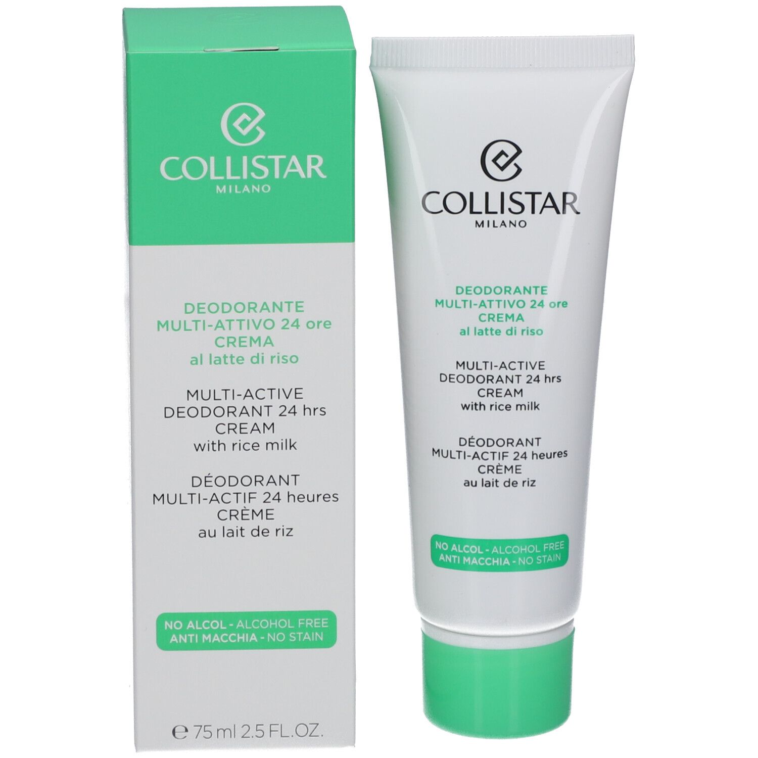 Crème déodorante Collistar et emballage. Tube blanc, emballage vert. Texte: Deodorante Multi-Attivo 24 ore Crema.