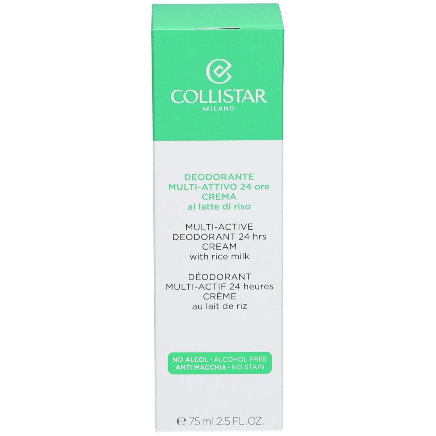 Emballage vert de la crème déodorante Collistar. Texte: Deodorante Multi-Attivo 24 ore Crema. Fond blanc.