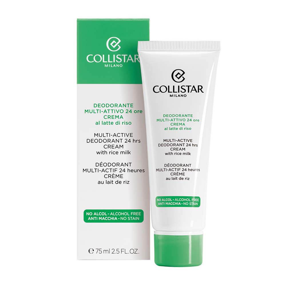 Crème déodorante Collistar et emballage. Tube blanc, emballage vert. Texte: Deodorante Multi-Attivo 24 ore Crema.