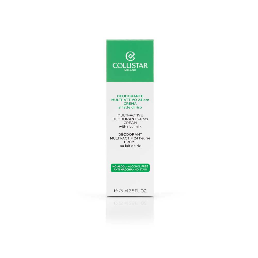 Emballage vert de la crème déodorante Collistar. Texte: Deodorante Multi-Attivo 24 ore Crema. Fond blanc.