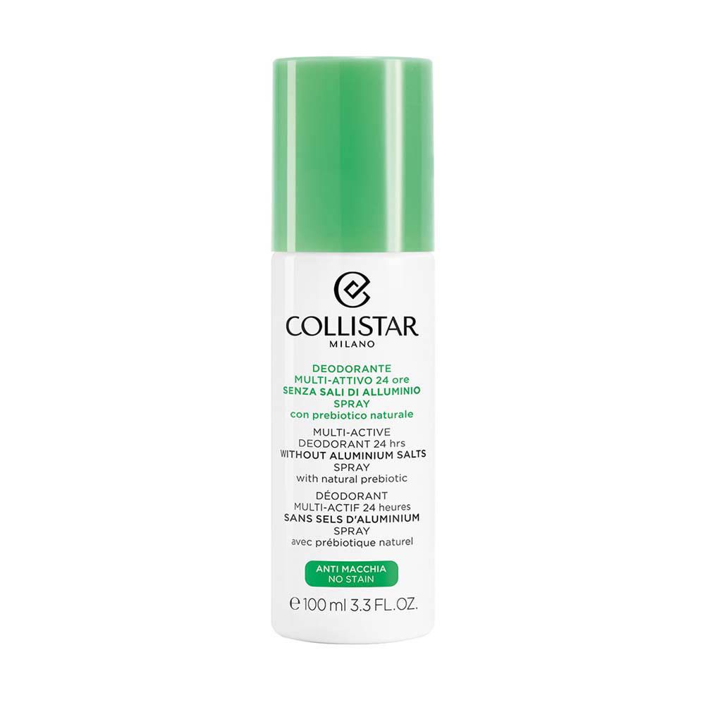 Spray déodorant avec bouchon vert. Inscriptions: COLLISTAR MILANO, Déodorant Multi-Actif 24 heures, sans sels d'aluminium.