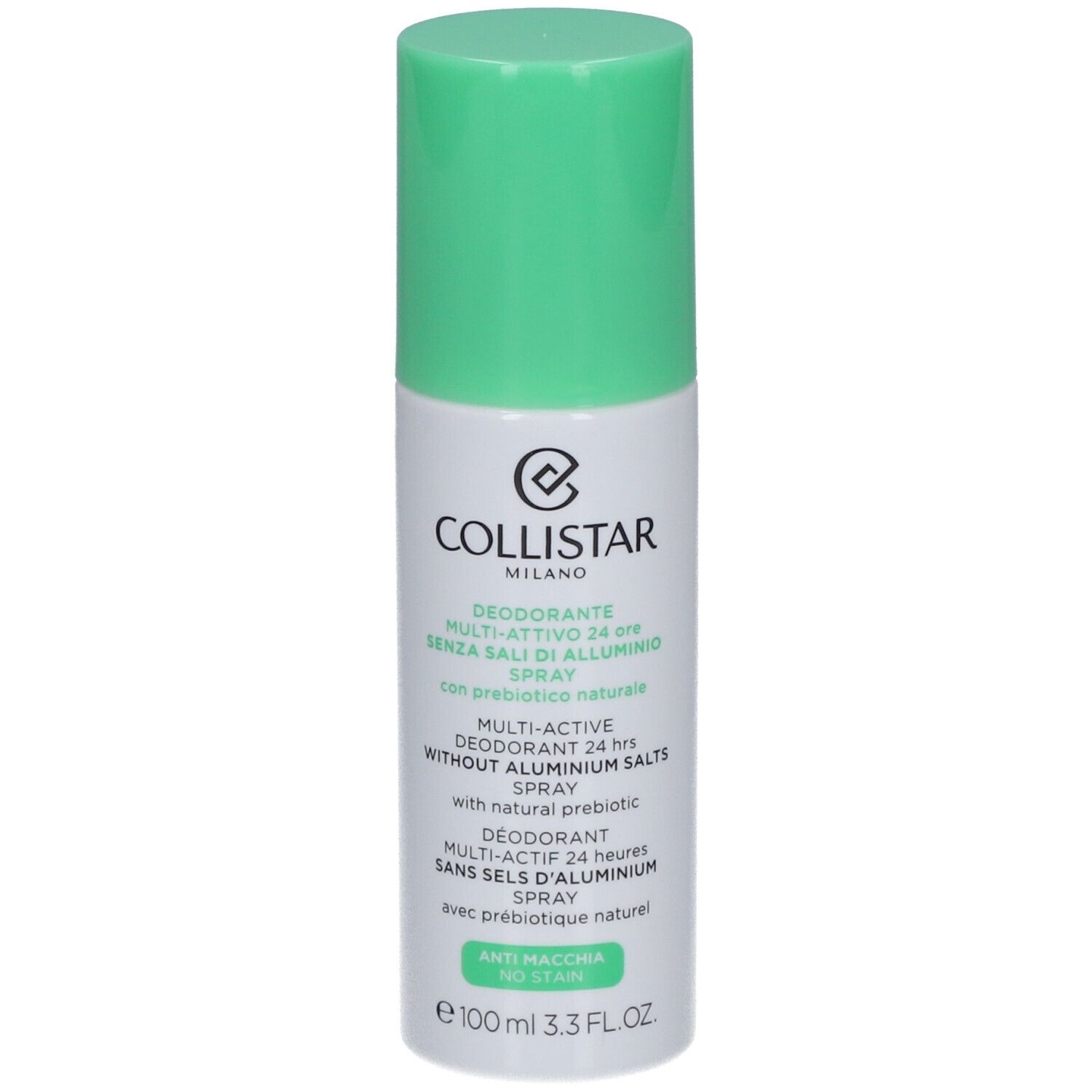 Deo-Spray mit grünem Deckel. Aufschrift: COLLISTAR MILANO, Deodorant Multi-Active 24 ore, ohne Aluminiumsalze.