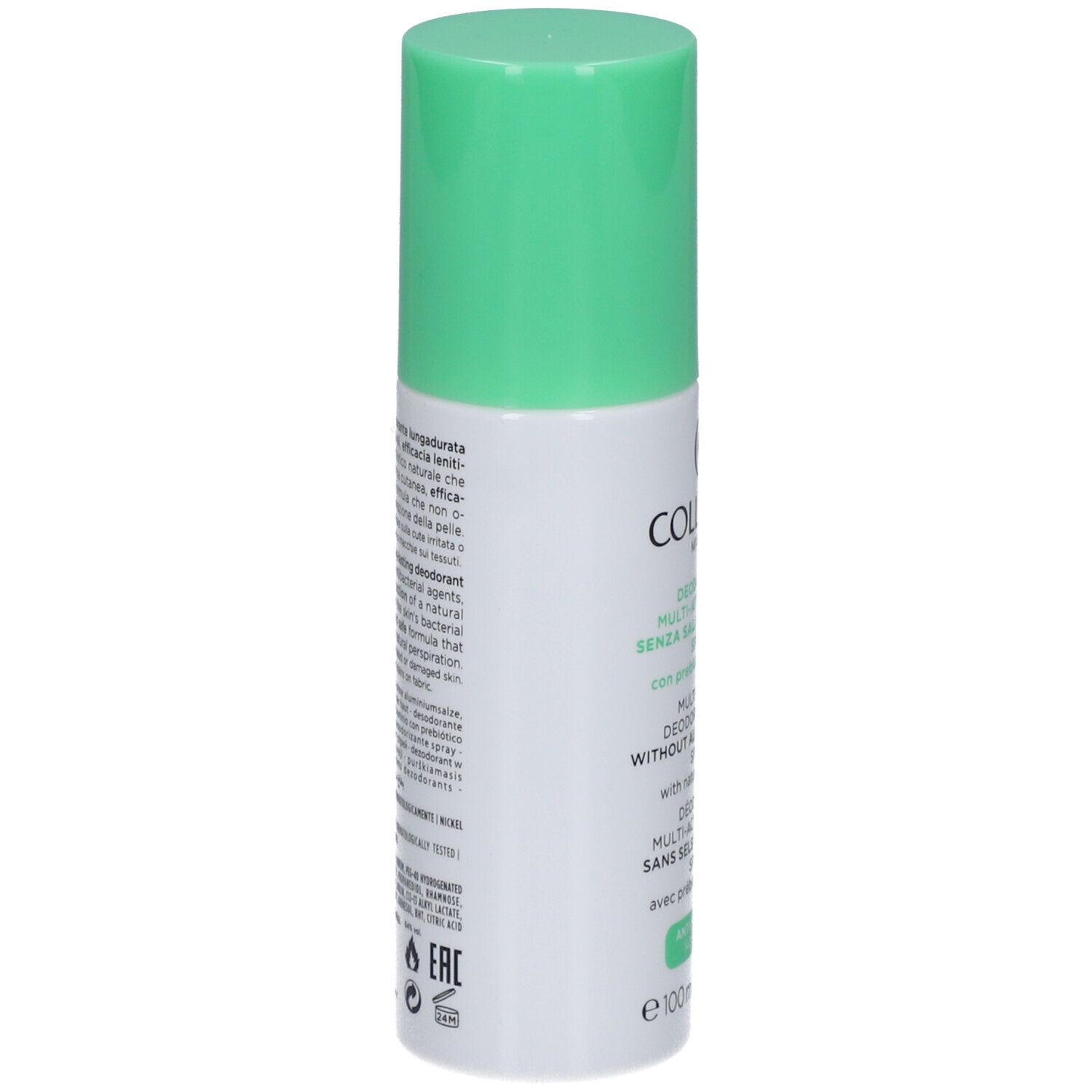 Deo-Spray, Rückseite mit Text. Grüner Deckel. Aufschrift: COLLISTAR, Deodorant Multi-Active 24 ore, ohne Aluminiumsalze.