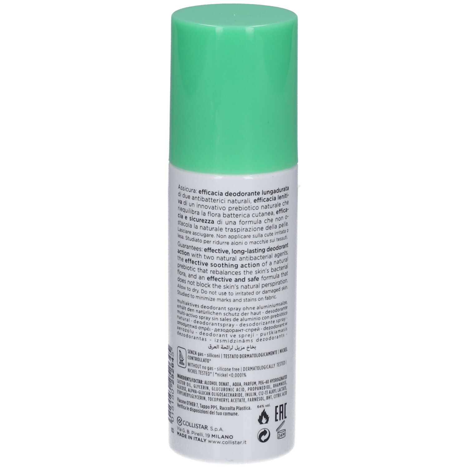 Deo-Spray, Rückseite mit Text. Grüner Deckel. Aufschrift: COLLISTAR, Deodorant Multi-Active 24 ore, ohne Aluminiumsalze.