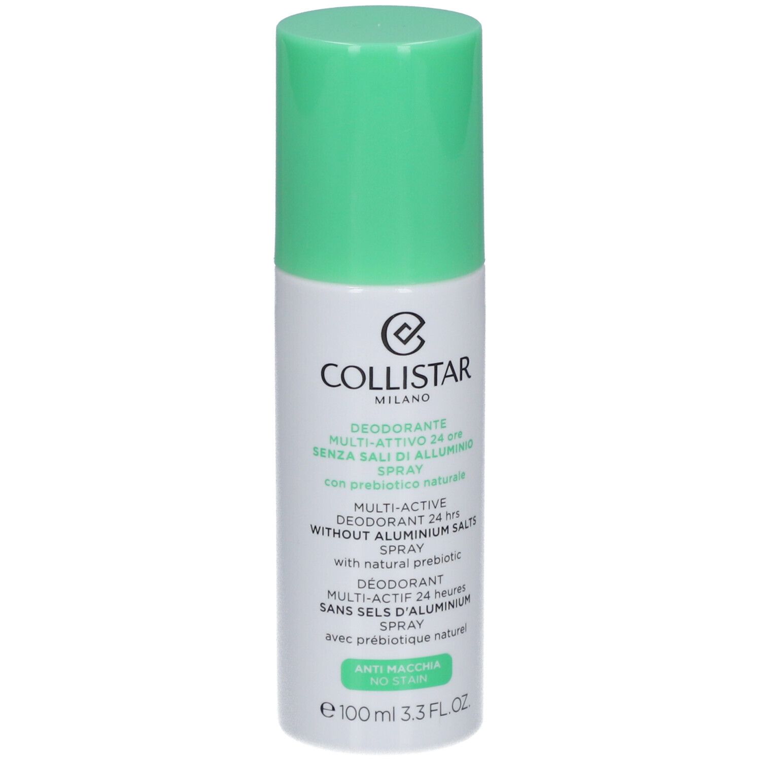 Deo-Spray mit grünem Deckel. Aufschrift: COLLISTAR MILANO, Deodorant Multi-Active 24 ore, ohne Aluminiumsalze.