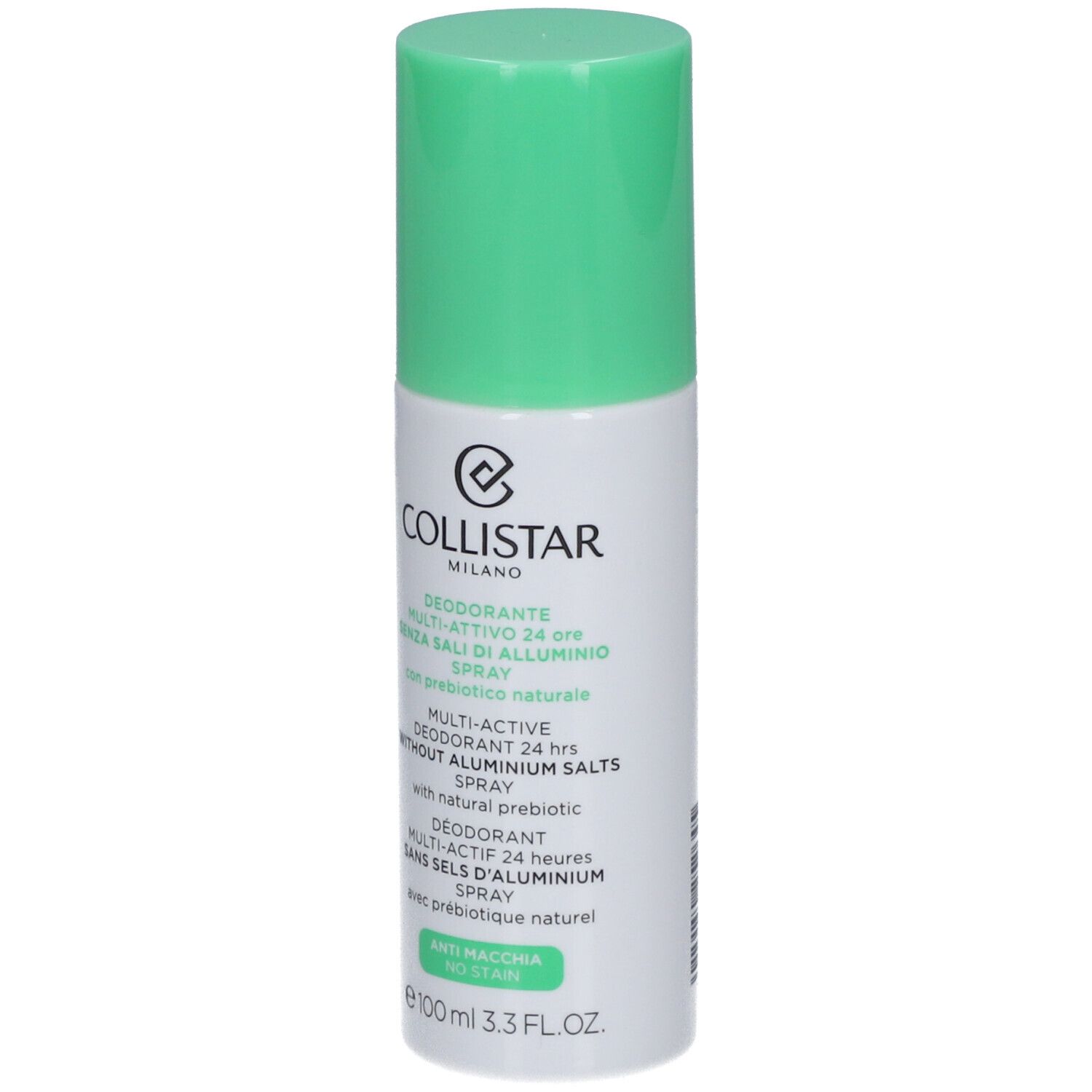 Deo-Spray mit grünem Deckel. Aufschrift: COLLISTAR MILANO, Deodorant Multi-Active 24 ore, ohne Aluminiumsalze.