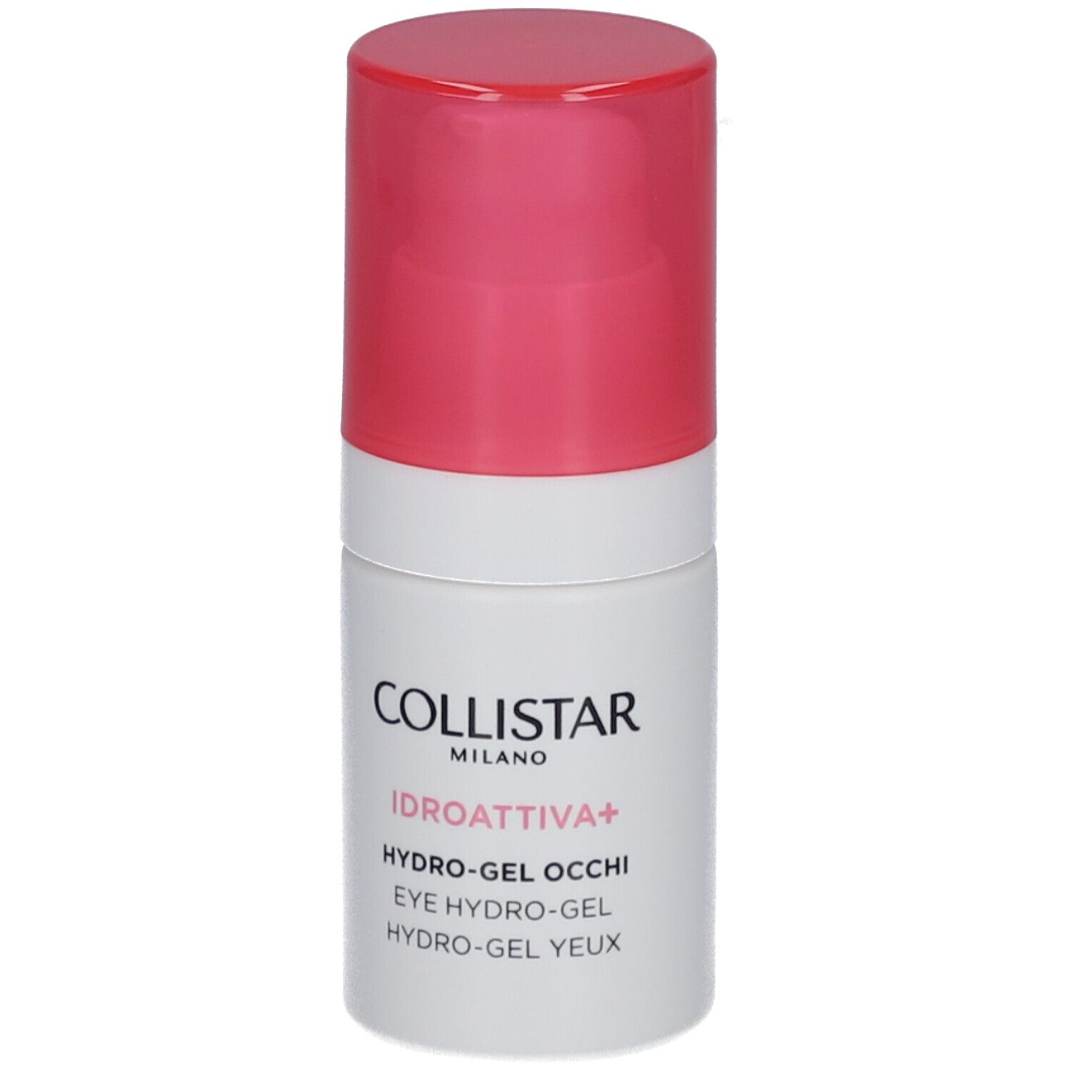 Flacon cylindrique blanc et rose. Inscriptions : COLLISTAR, IDROATTIVA+, HYDRO-GEL OCCHI, EYE HYDRO-GEL, HYDRO-GEL YEUX.