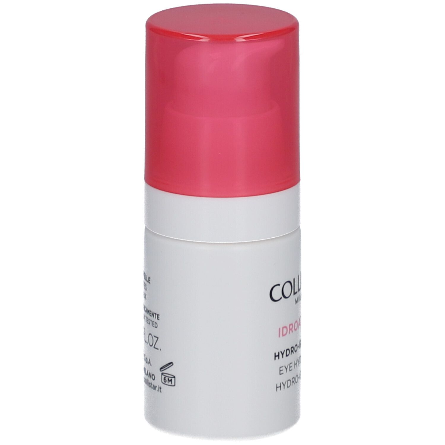 Flacon cylindrique blanc et rose. Inscriptions : COLLISTAR, IDROATTIVA+, HYDRO-GEL OCCHI, EYE HYDRO-GEL, HYDRO-GEL YEUX. Texte au dos.
