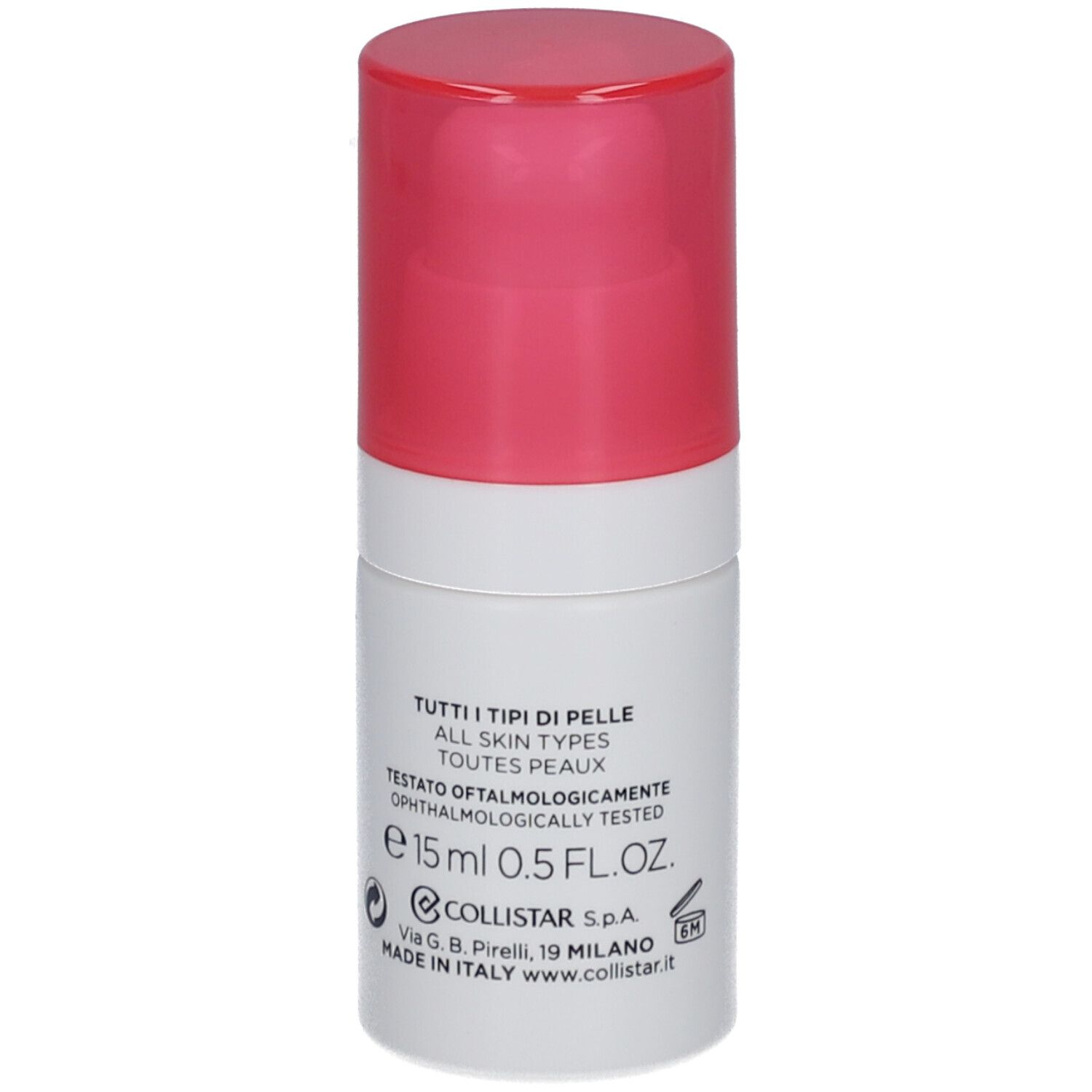 Flacon cylindrique blanc et rose. Inscriptions : COLLISTAR, IDROATTIVA+, HYDRO-GEL OCCHI, EYE HYDRO-GEL, HYDRO-GEL YEUX. Texte et taille.