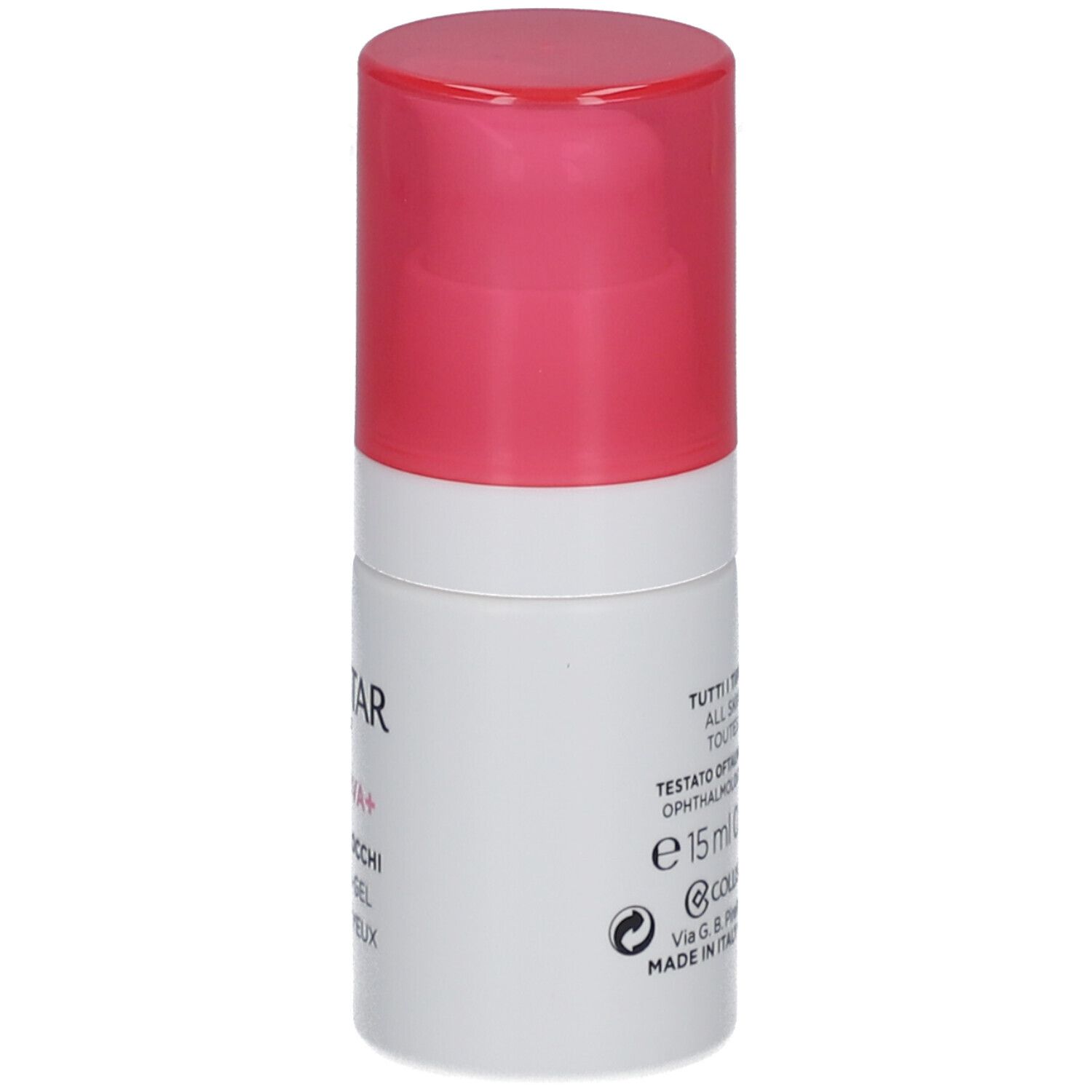 Flacon cylindrique blanc et rose. Inscriptions : COLLISTAR, IDROATTIVA+, HYDRO-GEL OCCHI, EYE HYDRO-GEL, HYDRO-GEL YEUX. Vue détaillée.