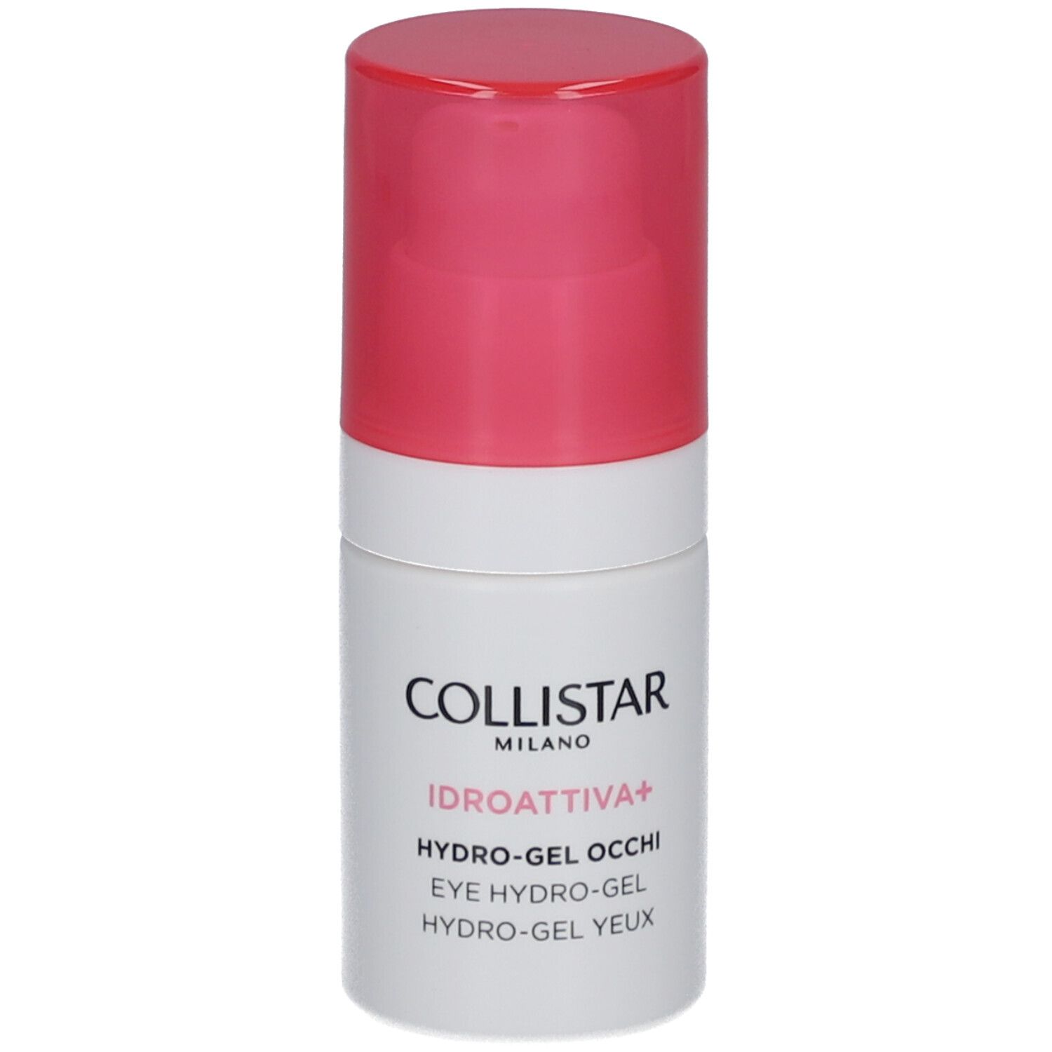 Flacon cylindrique blanc et rose. Inscriptions : COLLISTAR, IDROATTIVA+, HYDRO-GEL OCCHI, EYE HYDRO-GEL, HYDRO-GEL YEUX.